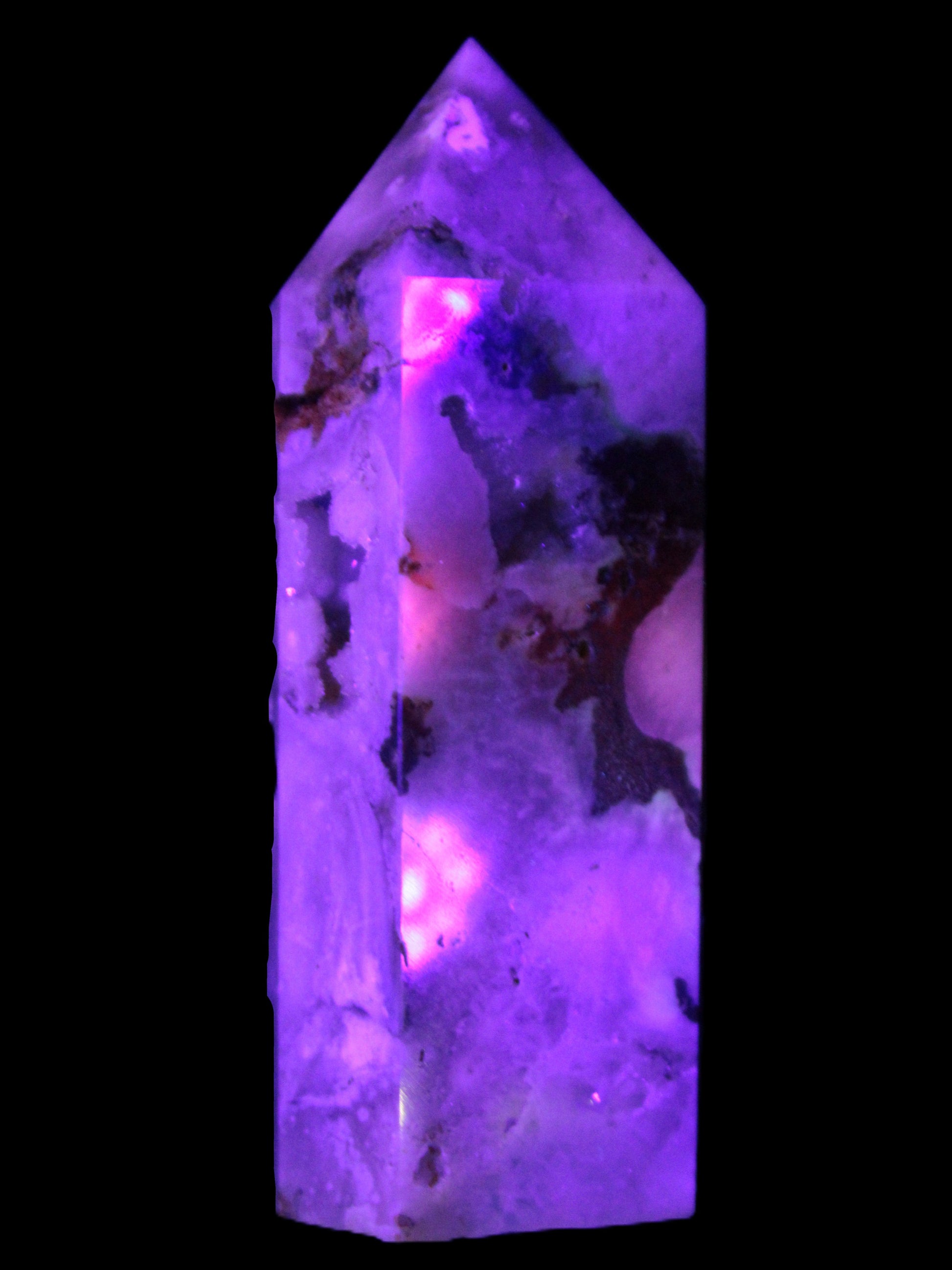 Pink Sakura Agate with geode caves obelisk 40*32*106mm 245g in UV light -  Rocks and Things Store
