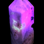 Pink Sakura Agate with geode caves obelisk 40*32*106mm 245g in UV light -  Rocks and Things Store