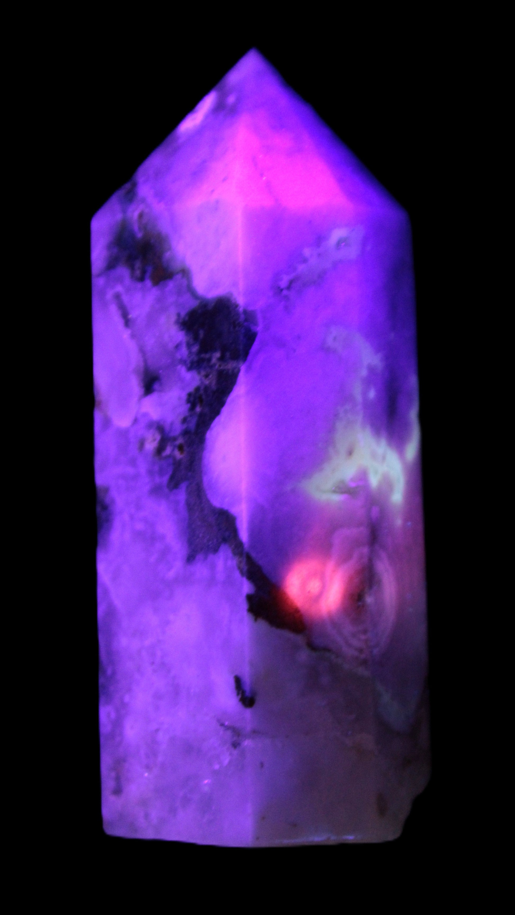 Pink Sakura Agate with geode caves obelisk 40*32*106mm 245g in UV light -  Rocks and Things Store