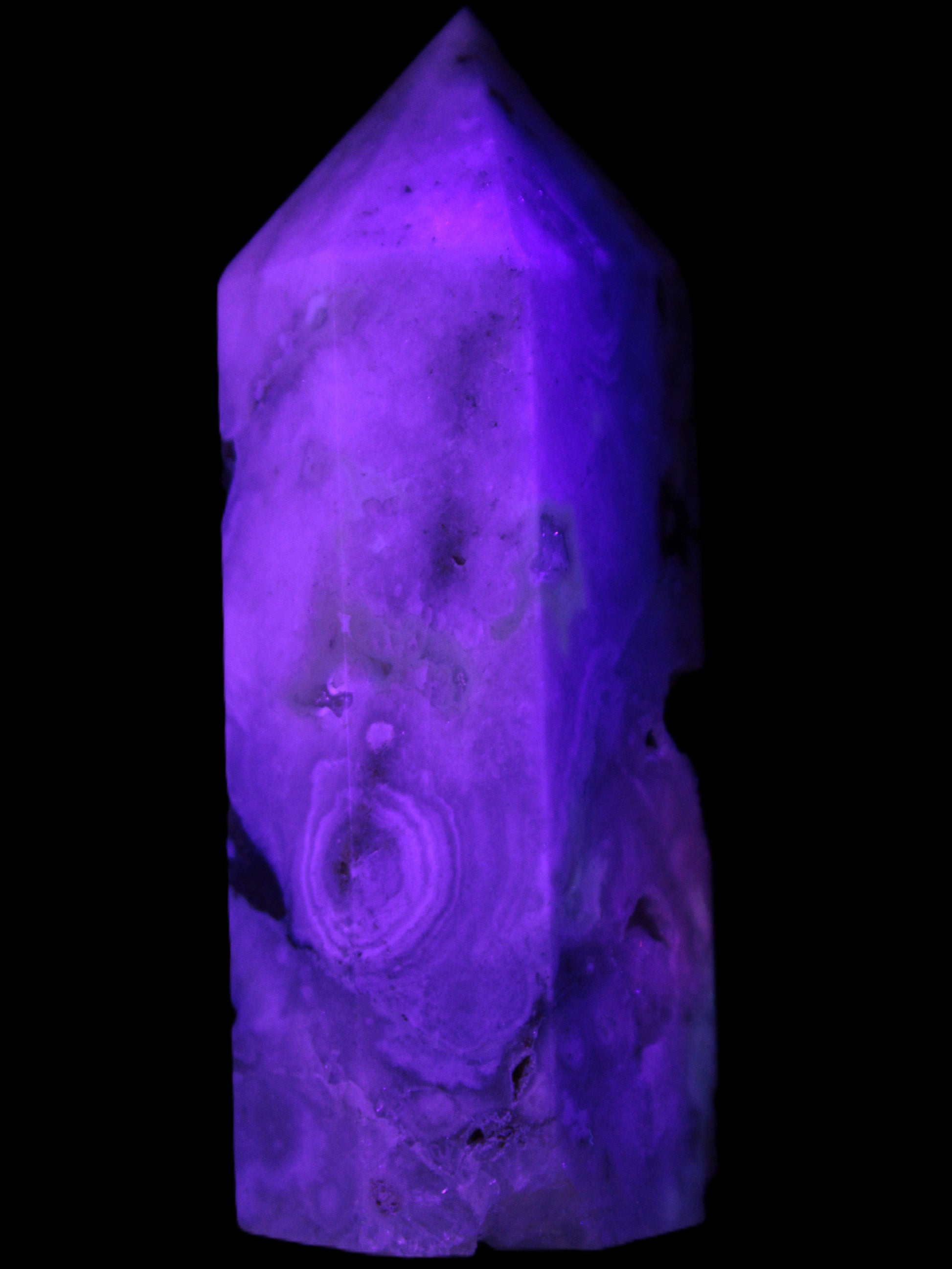 Pink Sakura Agate with geode caves obelisk 40*32*106mm 245g in UV light -  Rocks and Things Store