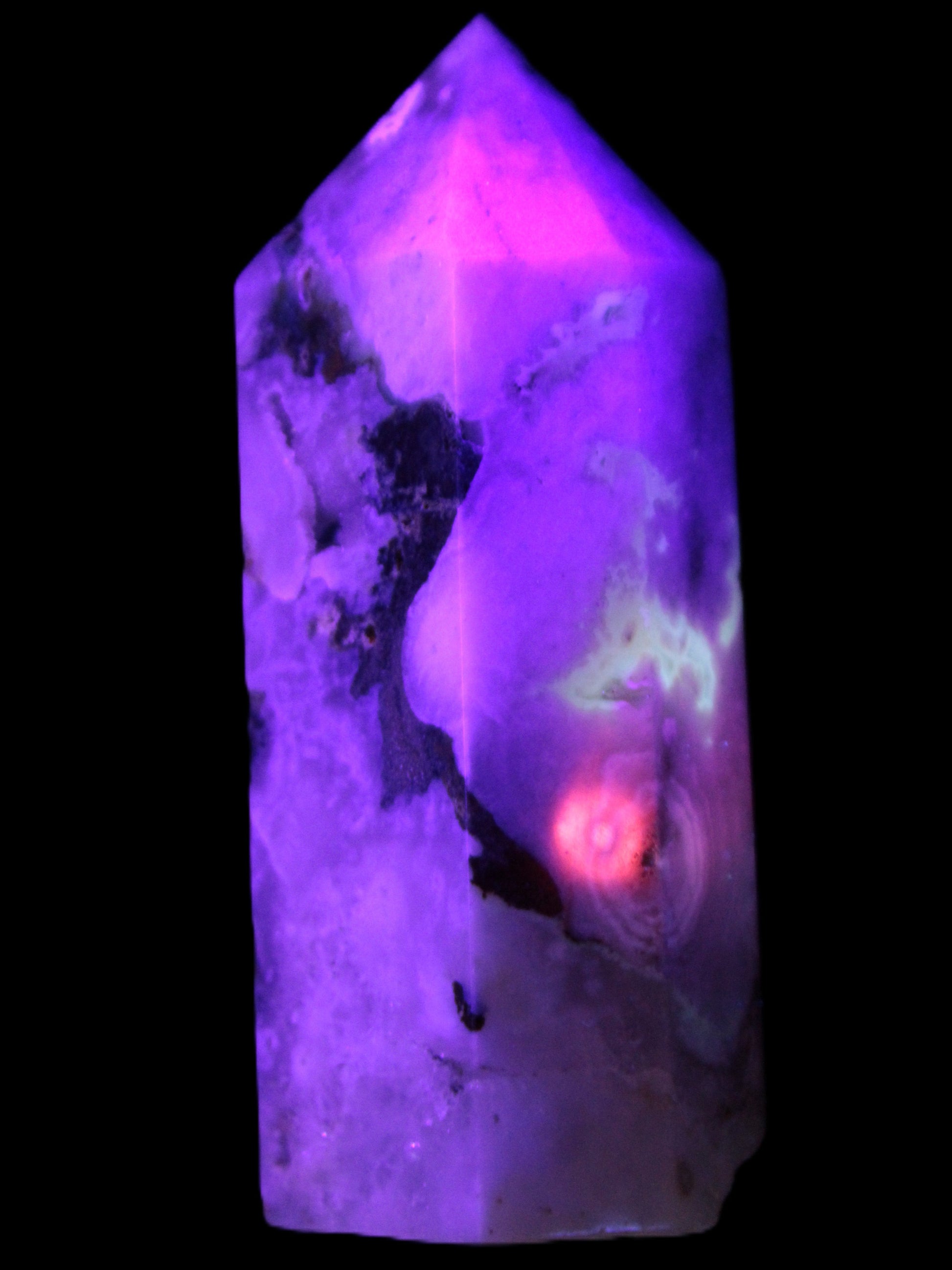 Pink Sakura Agate with geode caves obelisk 40*32*106mm 245g in UV light -  Rocks and Things Store