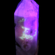Pink Sakura Agate with geode caves obelisk 40*32*106mm 245g in UV light -  Rocks and Things Store