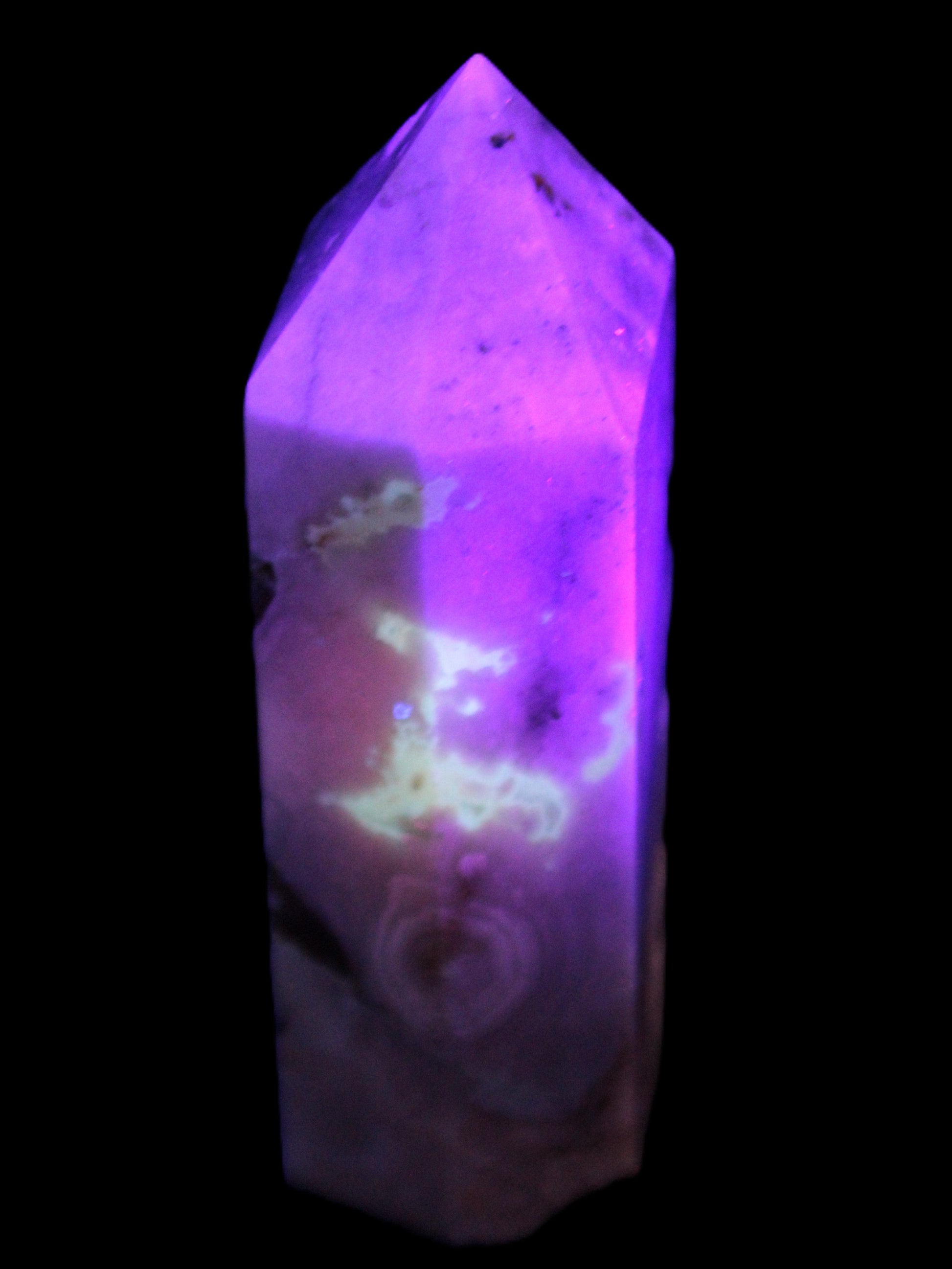 Pink Sakura Agate with geode caves obelisk 40*32*106mm 245g in UV light -  Rocks and Things Store