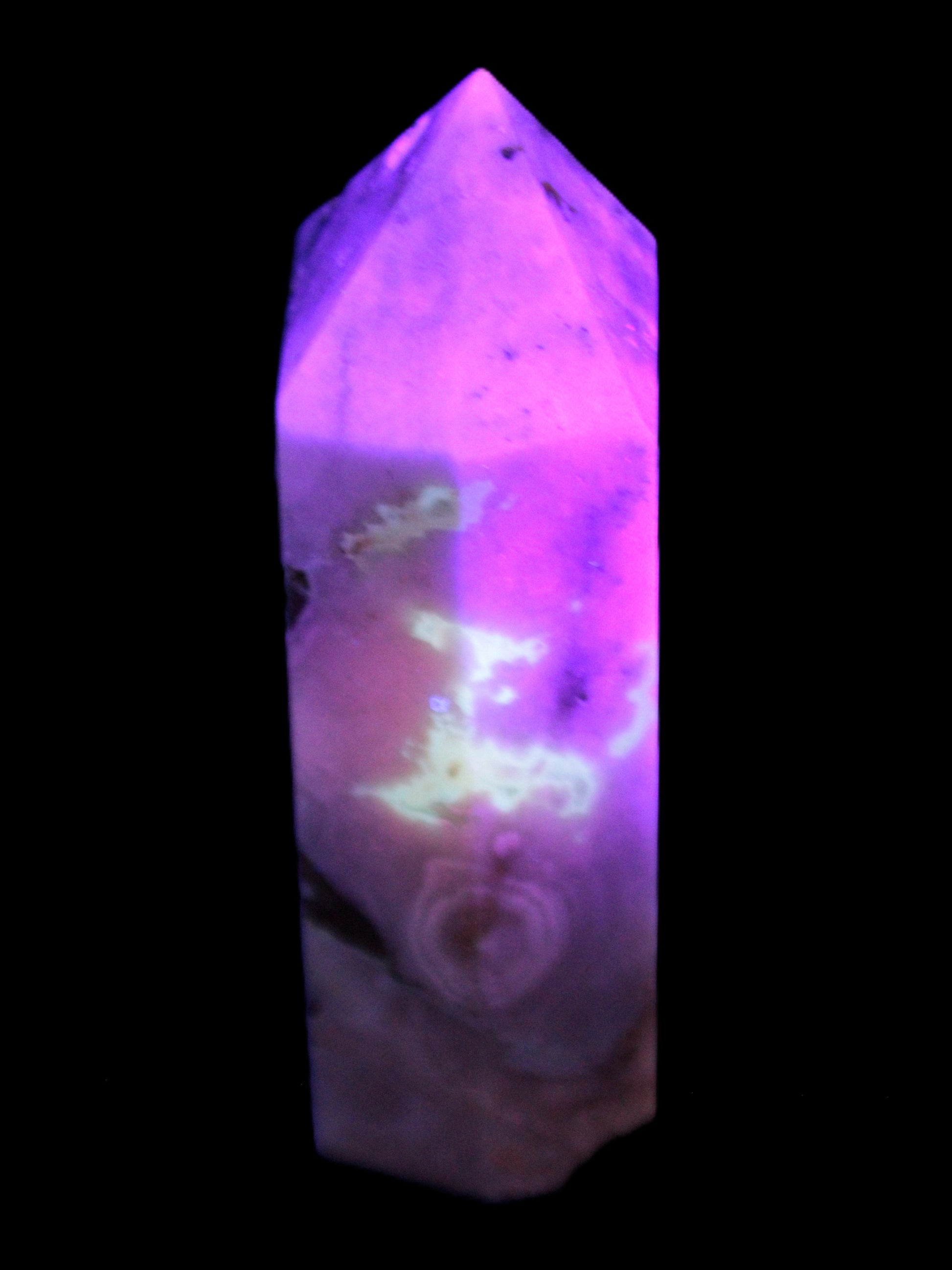 Pink Sakura Agate with geode caves obelisk 40*32*106mm 245g in UV light - Rocks and Things Store
