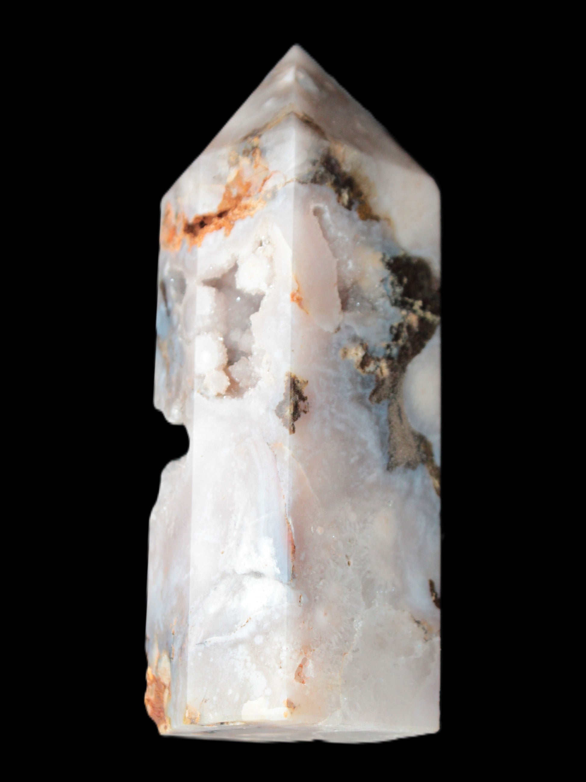 Pink Sakura Agate with geode caves obelisk 40*32*106mm 245g in sunlight - Rocks and Things Store