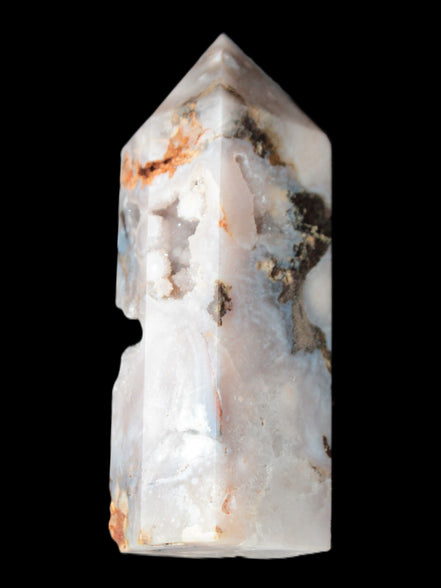 Pink Sakura Agate with geode caves obelisk 40*32*106mm 245g in sunlight - Rocks and Things Store