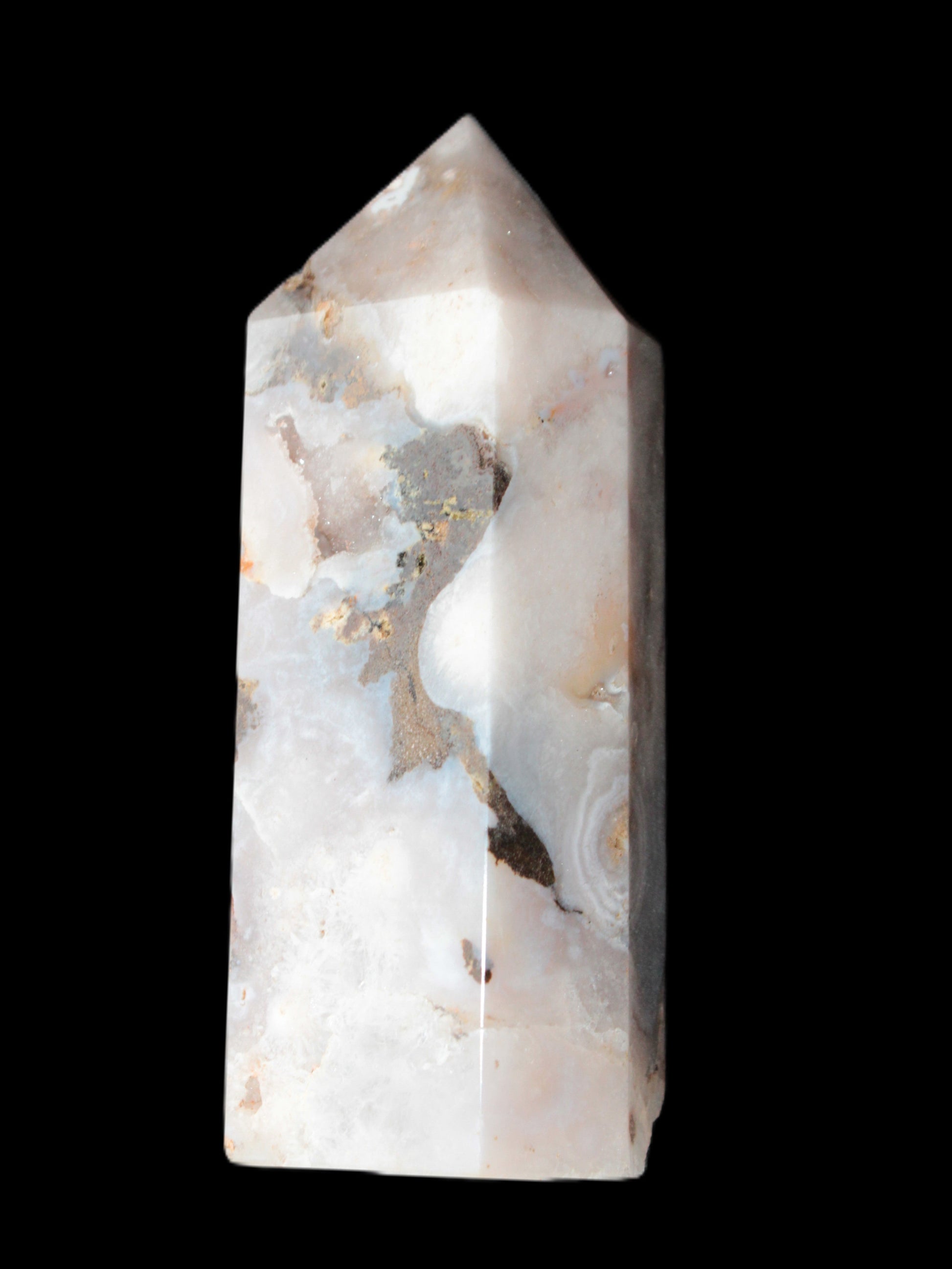 Pink Sakura Agate with geode caves obelisk 40*32*106mm 245g in sunlight - Rocks and Things Store