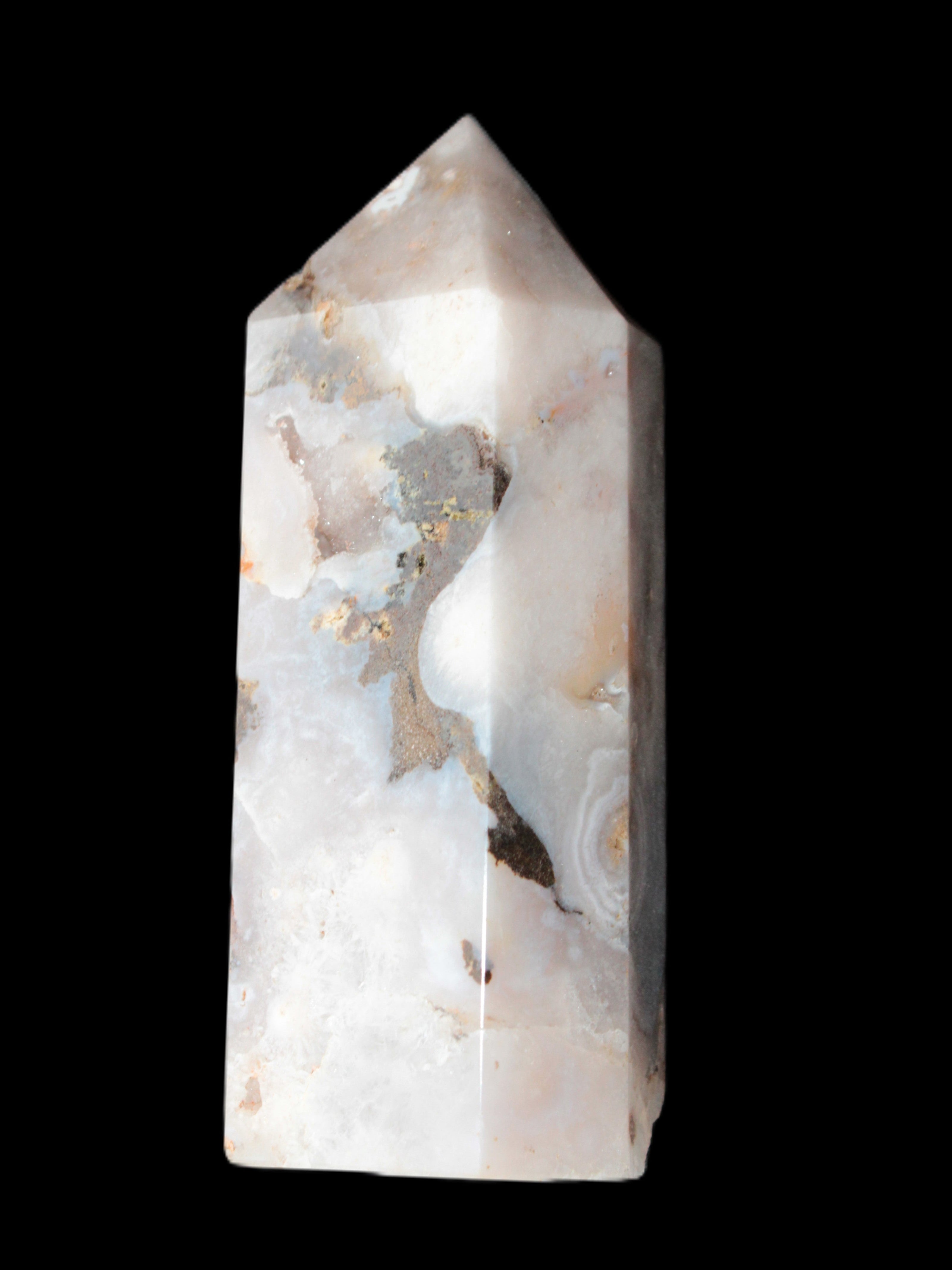Pink Sakura Agate with geode caves obelisk 40*32*106mm 245g in sunlight - Rocks and Things Store