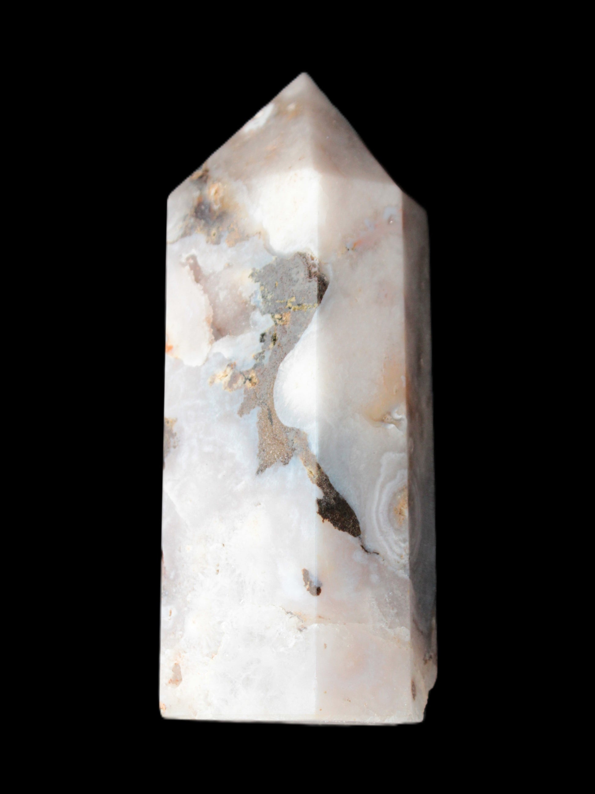 Pink Sakura Agate with geode caves obelisk 40*32*106mm 245g in sunlight - Rocks and Things Store