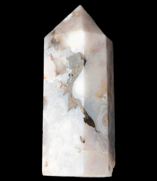 Pink Sakura Agate with geode caves obelisk 40*32*106mm 245g in sunlight - Rocks and Things Store