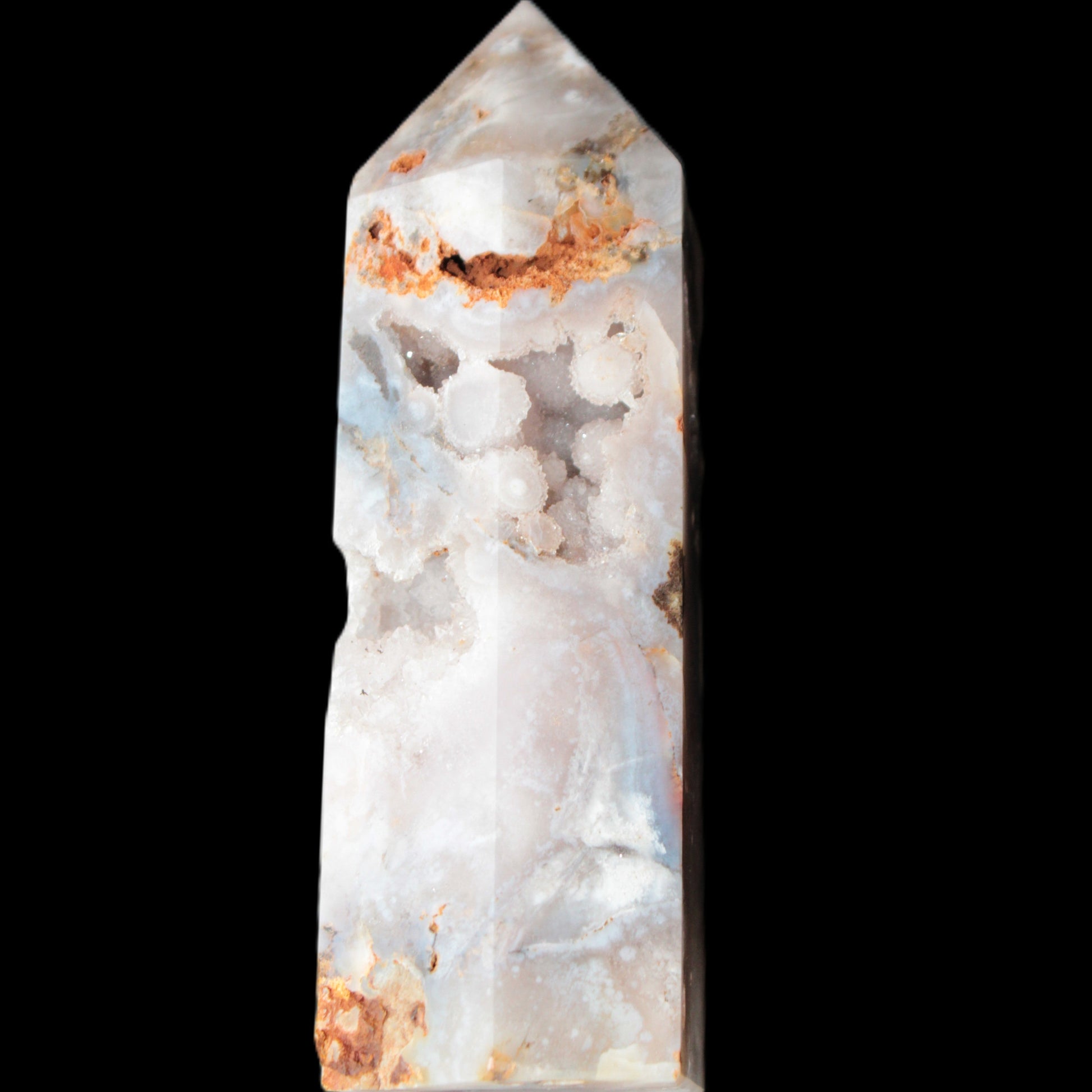 Pink Sakura Agate with geode caves obelisk 40*32*106mm 245g in sunlight - Rocks and Things Store