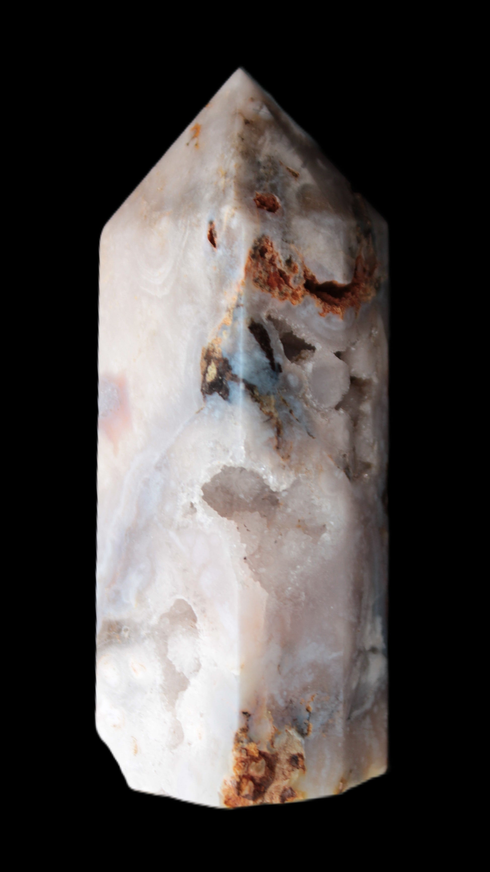 Pink Sakura Agate with geode caves obelisk 40*32*106mm 245g in sunlight - Rocks and Things Store