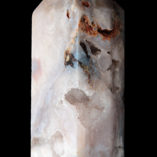 Pink Sakura Agate with geode caves obelisk 40*32*106mm 245g in sunlight - Rocks and Things Store