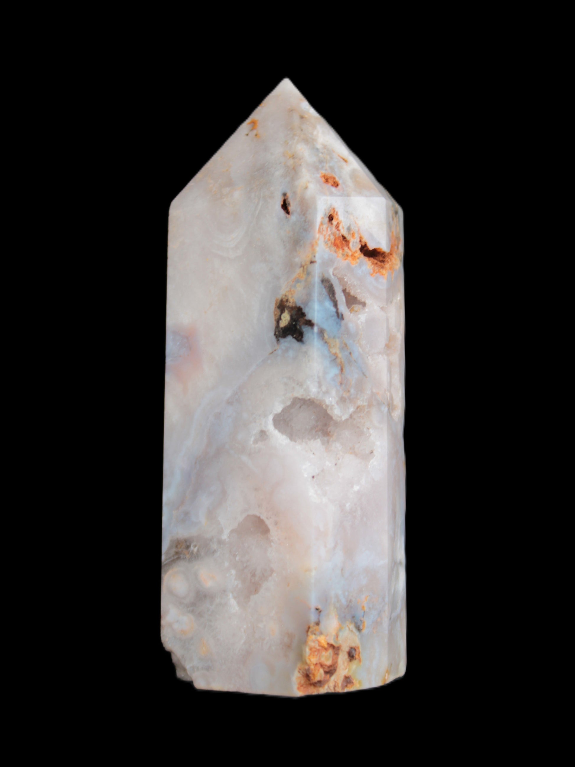 Pink Sakura Agate with geode caves obelisk 40*32*106mm 245g in sunlight - Rocks and Things Store