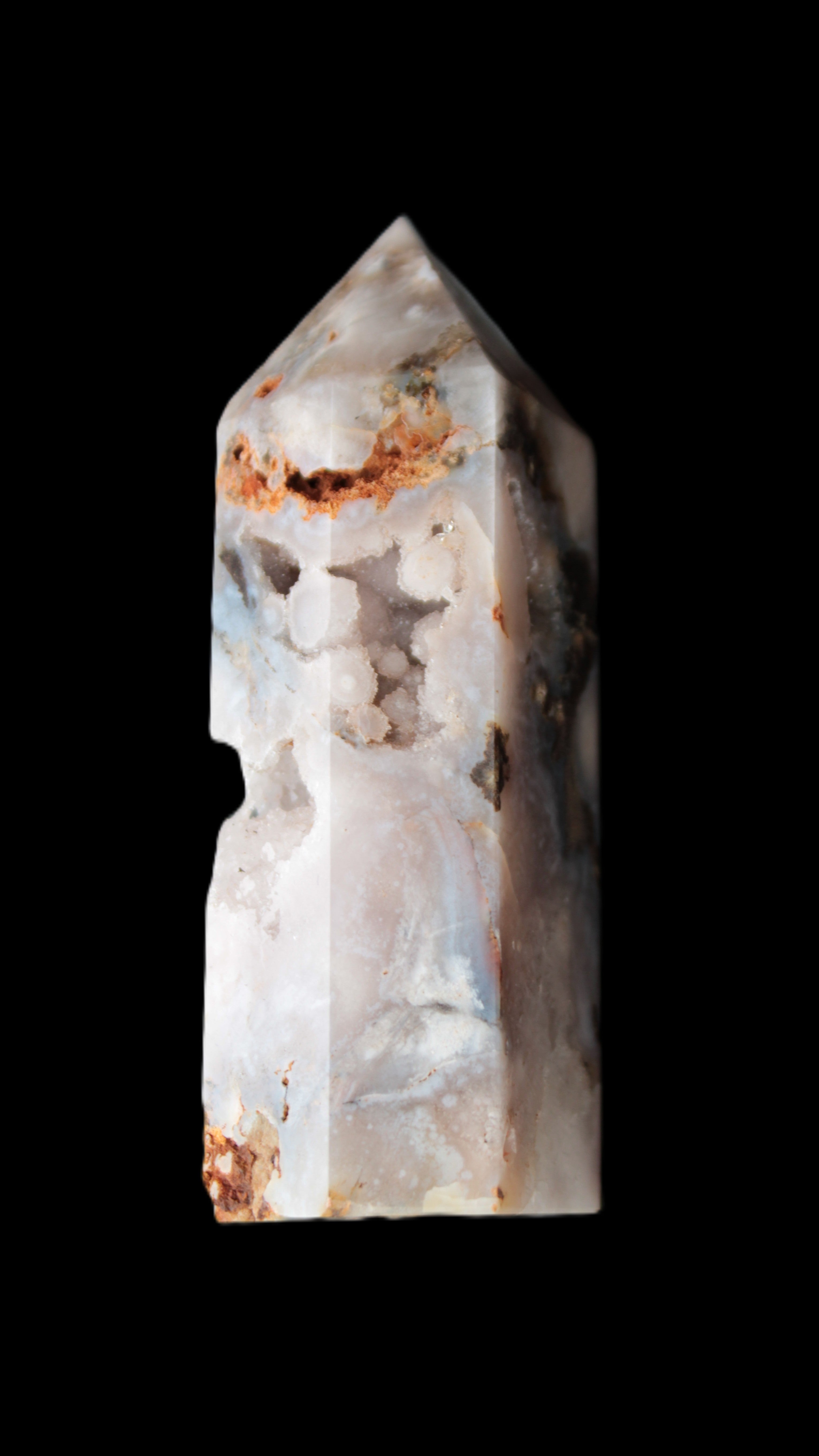 Pink Sakura Agate with geode caves obelisk 40*32*106mm 245g in sunlight - Rocks and Things Store