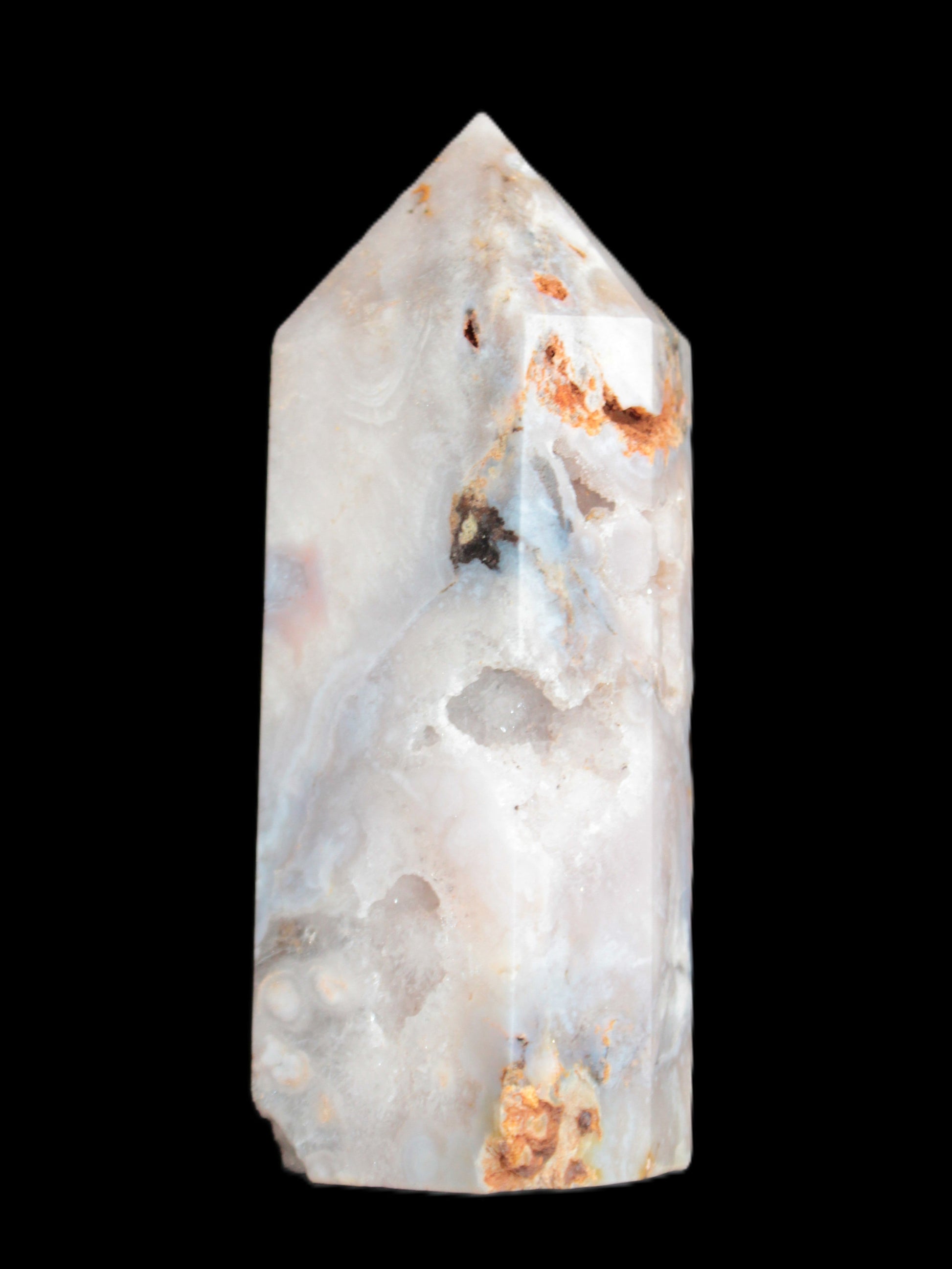 Pink Sakura Agate with geode caves obelisk 40*32*106mm 245g in sunlight - Rocks and Things Store