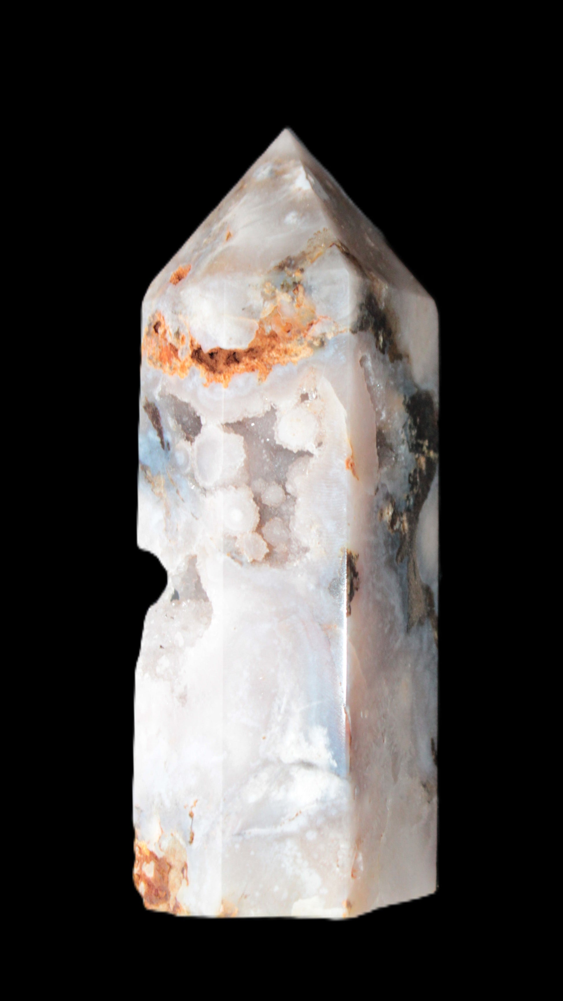 Pink Sakura Agate with geode caves obelisk 40*32*106mm 245g in sunlight - Rocks and Things Store