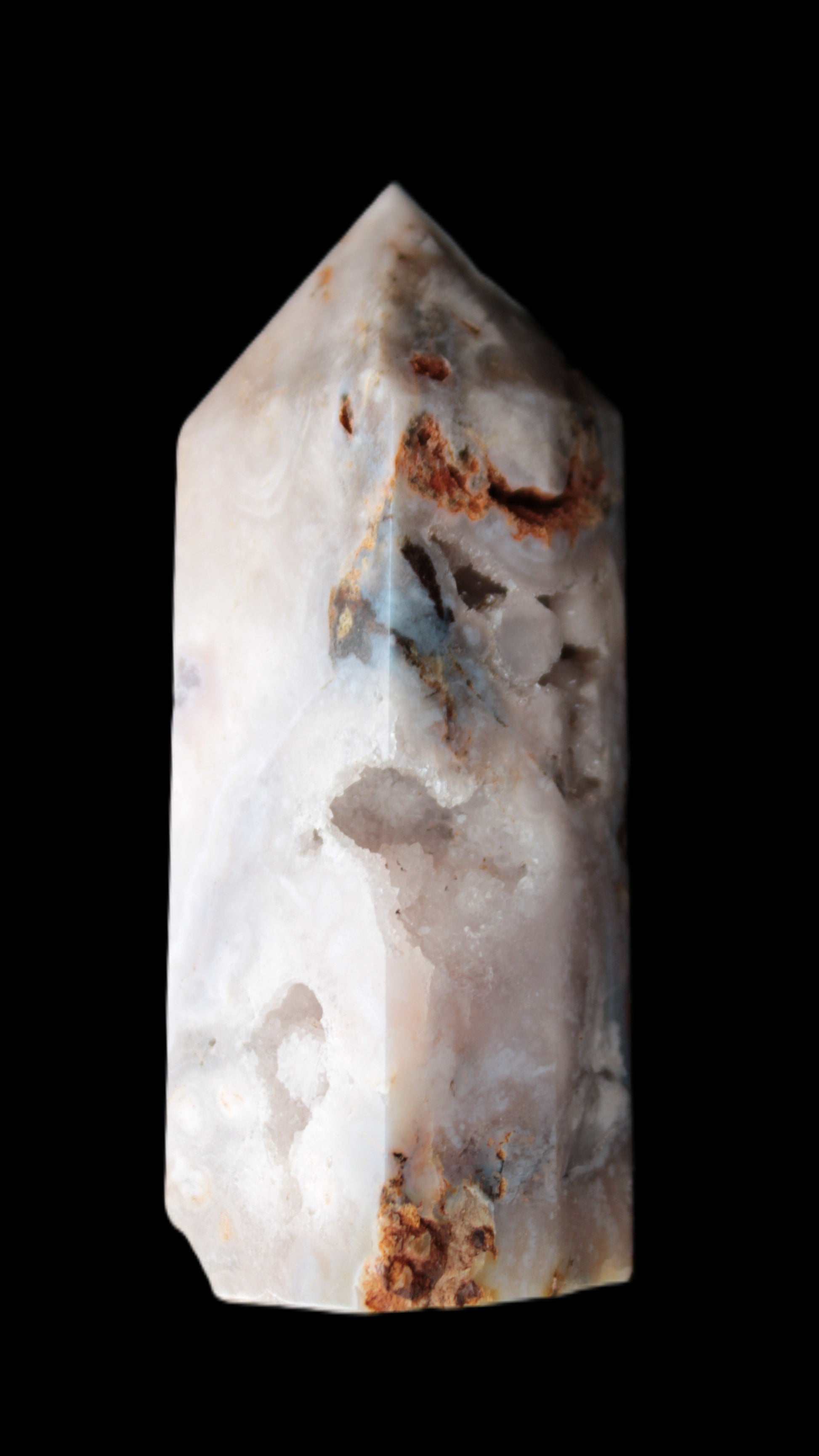 Pink Sakura Agate with geode caves obelisk 40*32*106mm 245g in sunlight - Rocks and Things Store