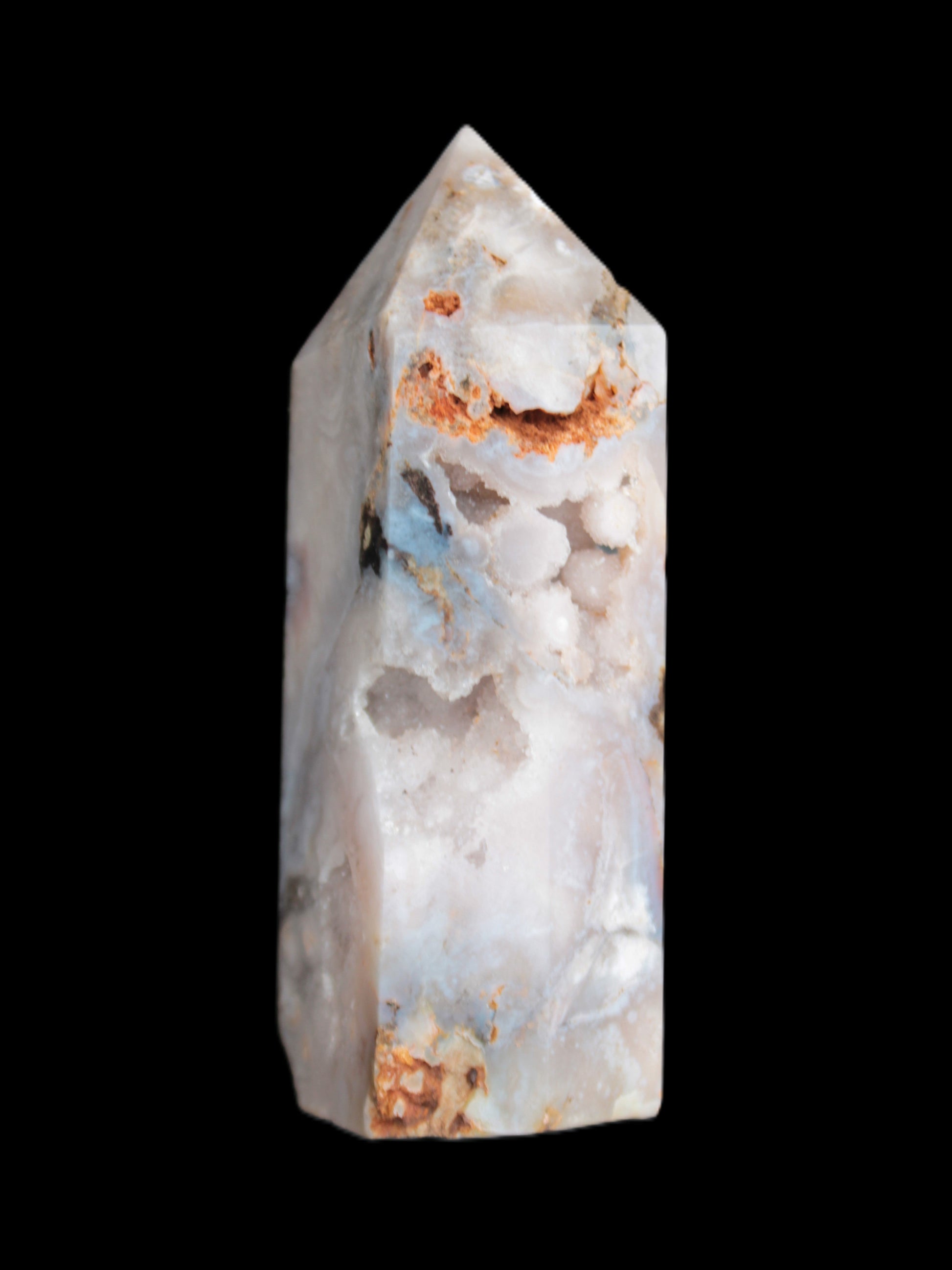 Pink Sakura Agate with geode caves obelisk 40*32*106mm 245g in sunlight - Rocks and Things Store