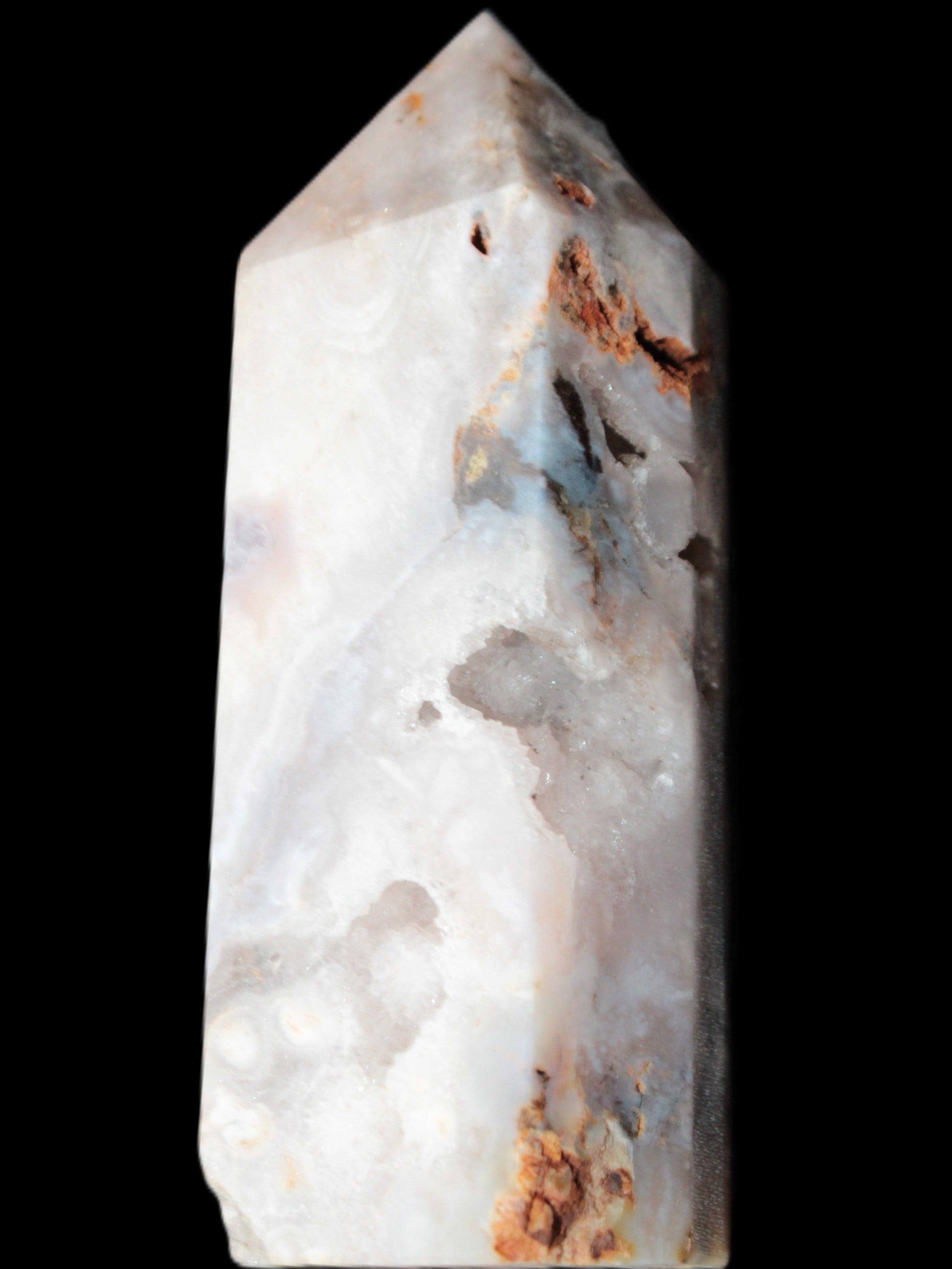 Pink Sakura Agate with geode caves obelisk 40*32*106mm 245g in sunlight - Rocks and Things Store