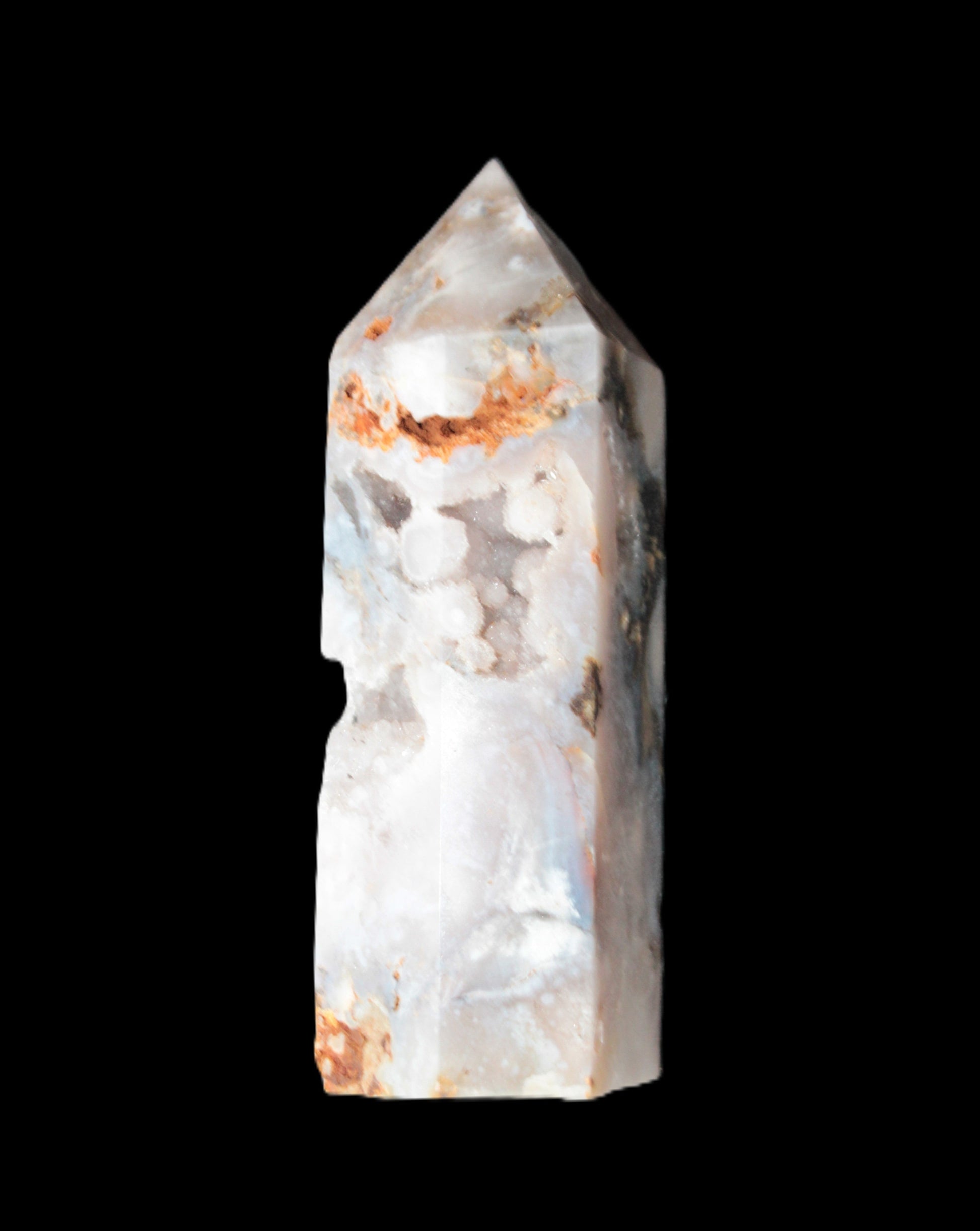 Pink Sakura Agate with geode caves obelisk 40*32*106mm 245g in sunlight - Rocks and Things Store