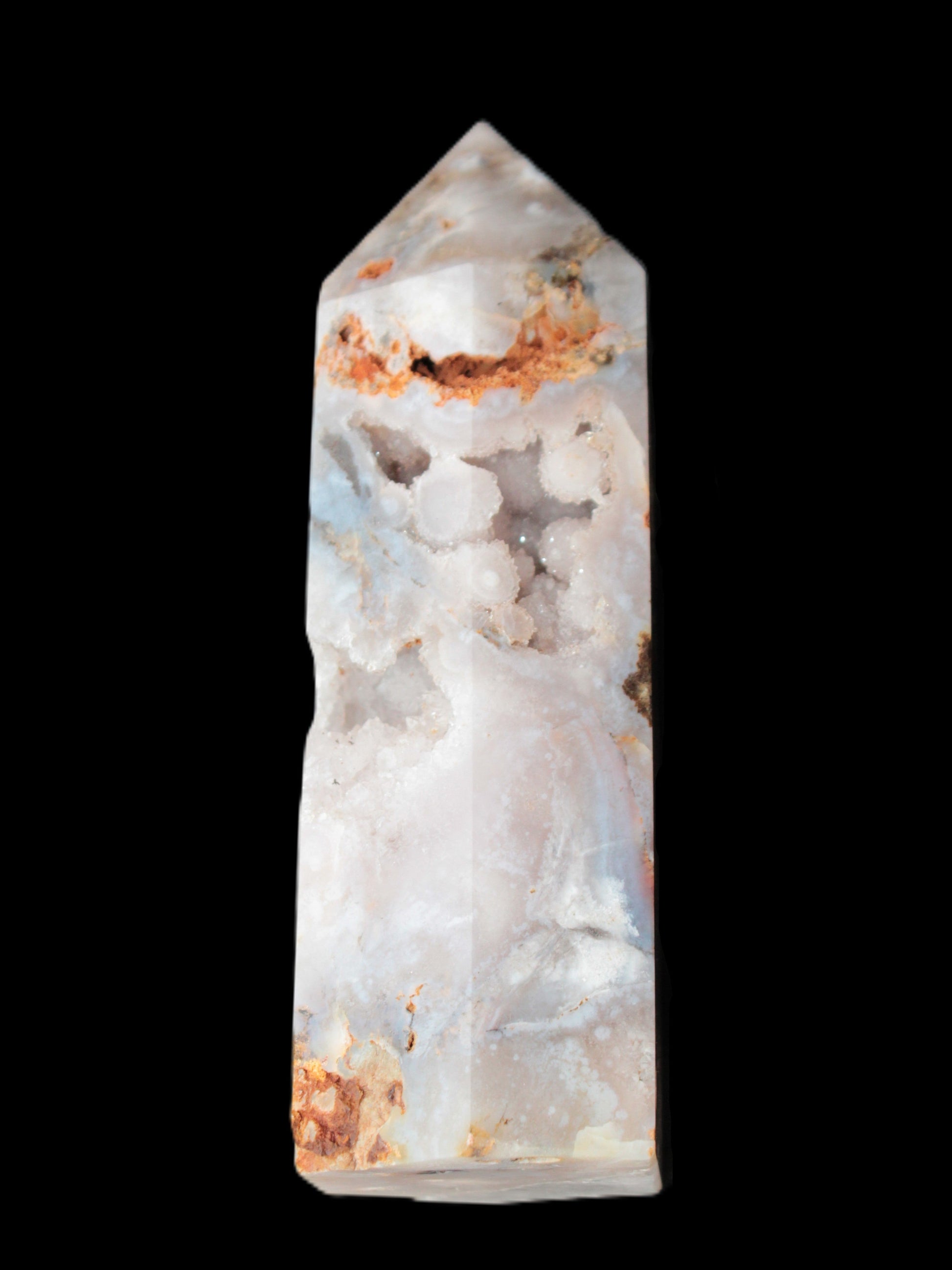 Pink Sakura Agate with geode caves obelisk 40*32*106mm 245g in sunlight - Rocks and Things Store