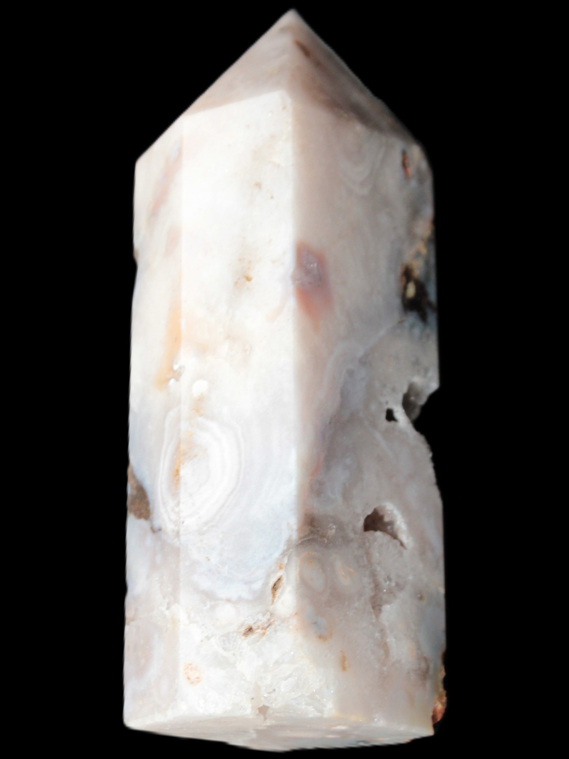 Pink Sakura Agate with geode caves obelisk 40*32*106mm 245g in sunlight - Rocks and Things Store