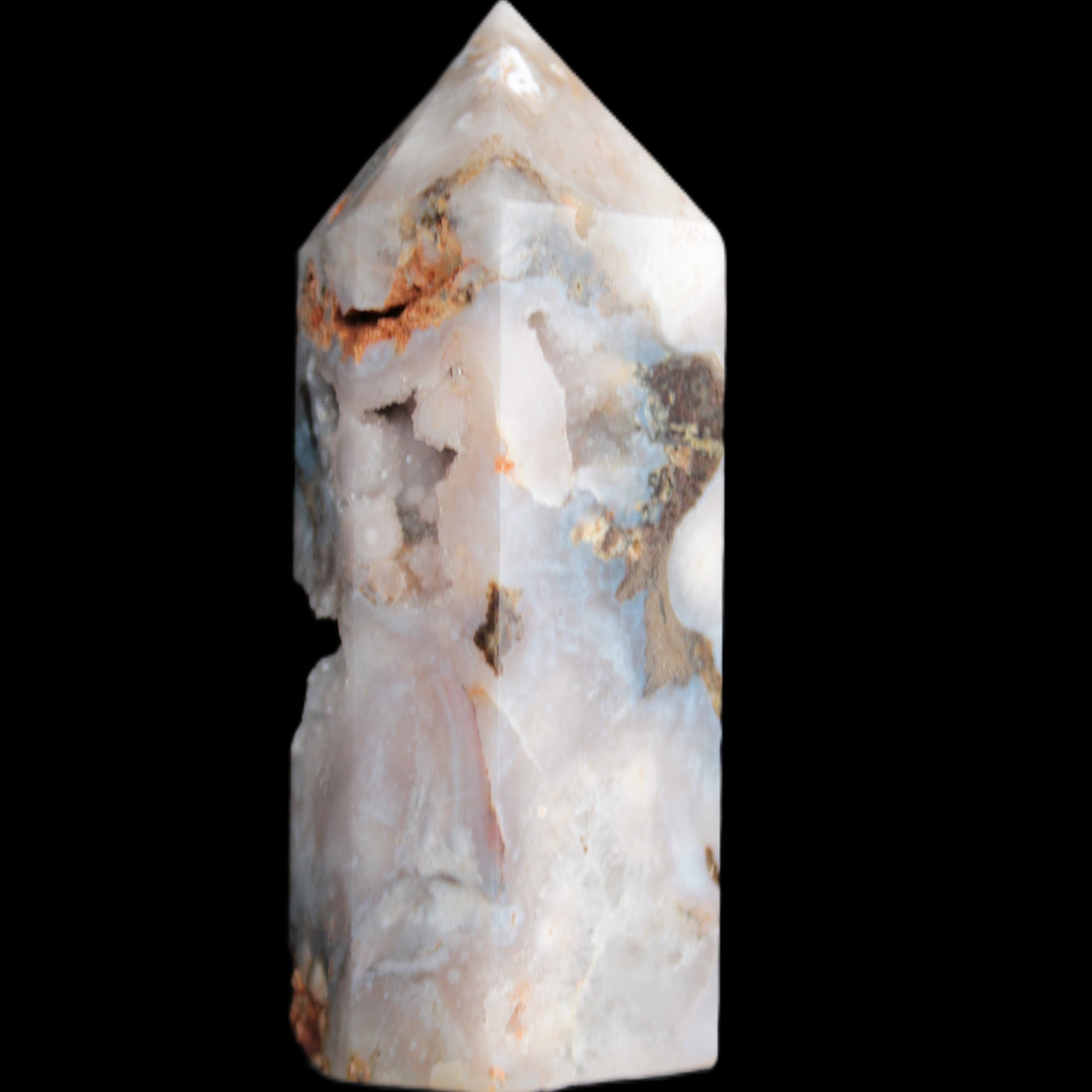 Pink Sakura Agate with geode caves obelisk 40*32*106mm 245g in sunlight - Rocks and Things Store
