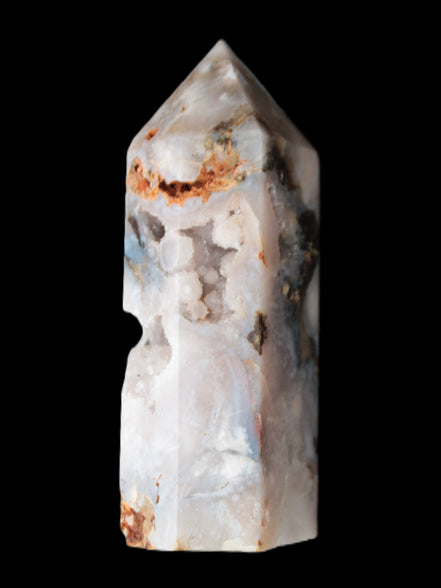 Pink Sakura Agate with geode caves obelisk 40*32*106mm 245g in sunlight - Rocks and Things Store