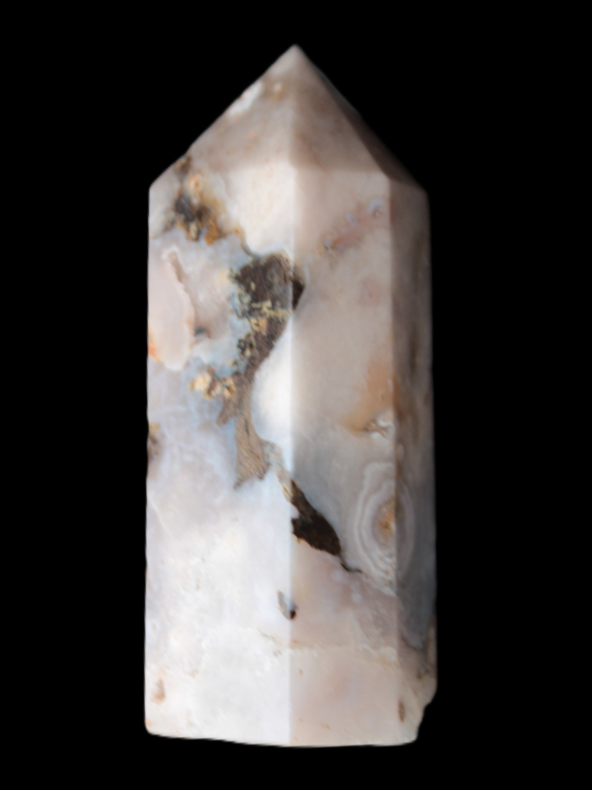 Pink Sakura Agate with geode caves obelisk 40*32*106mm 245g in sunlight - Rocks and Things Store