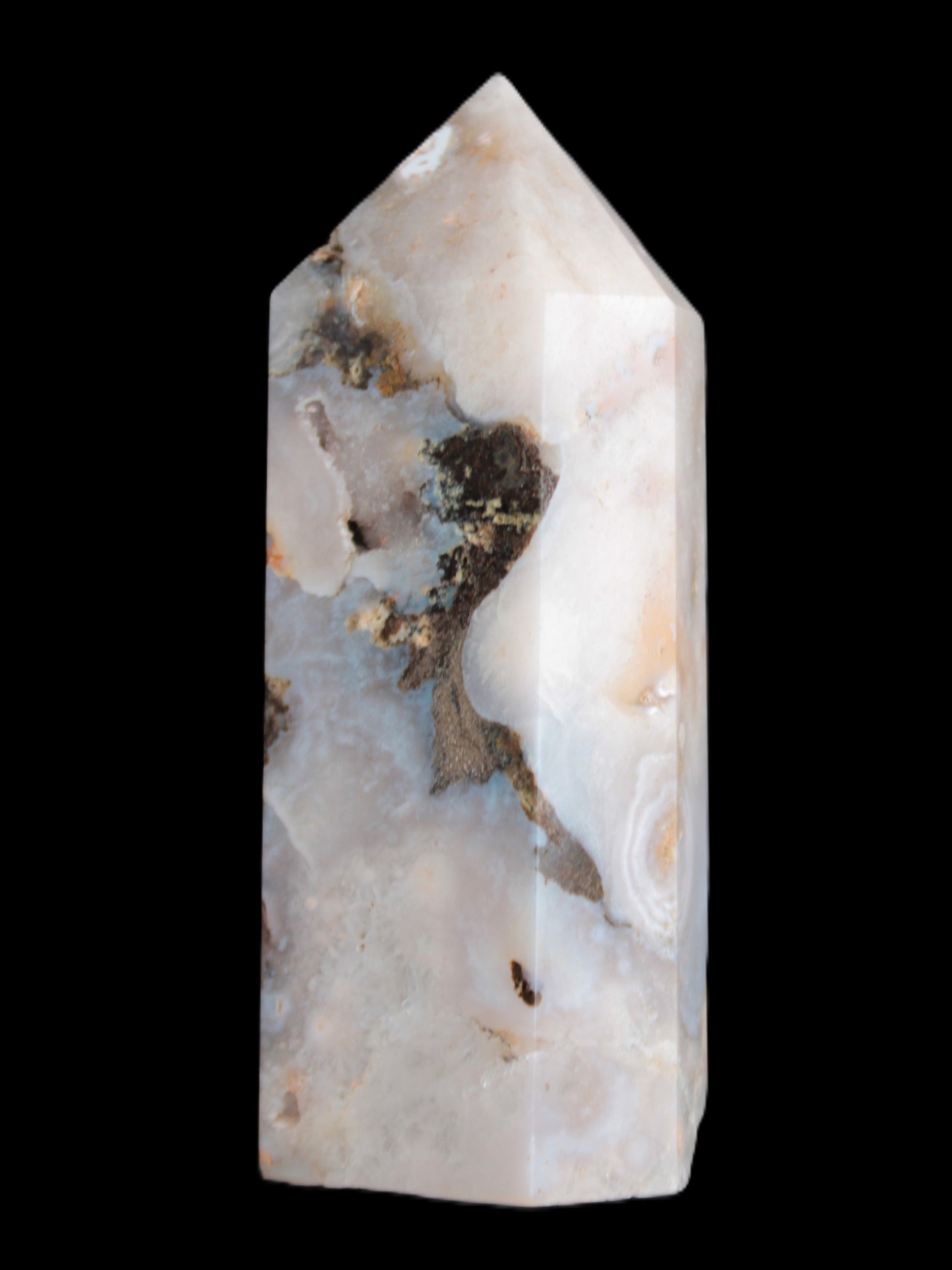 Pink Sakura Agate with geode caves obelisk 40*32*106mm 245g in sunlight - Rocks and Things Store