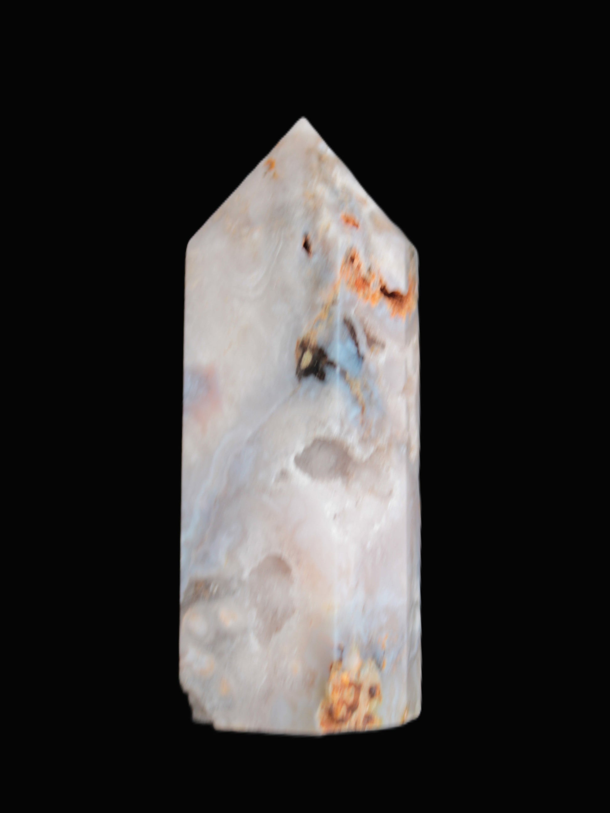 Pink Sakura Agate with geode caves obelisk 40*32*106mm 245g in sunlight - Rocks and Things Store