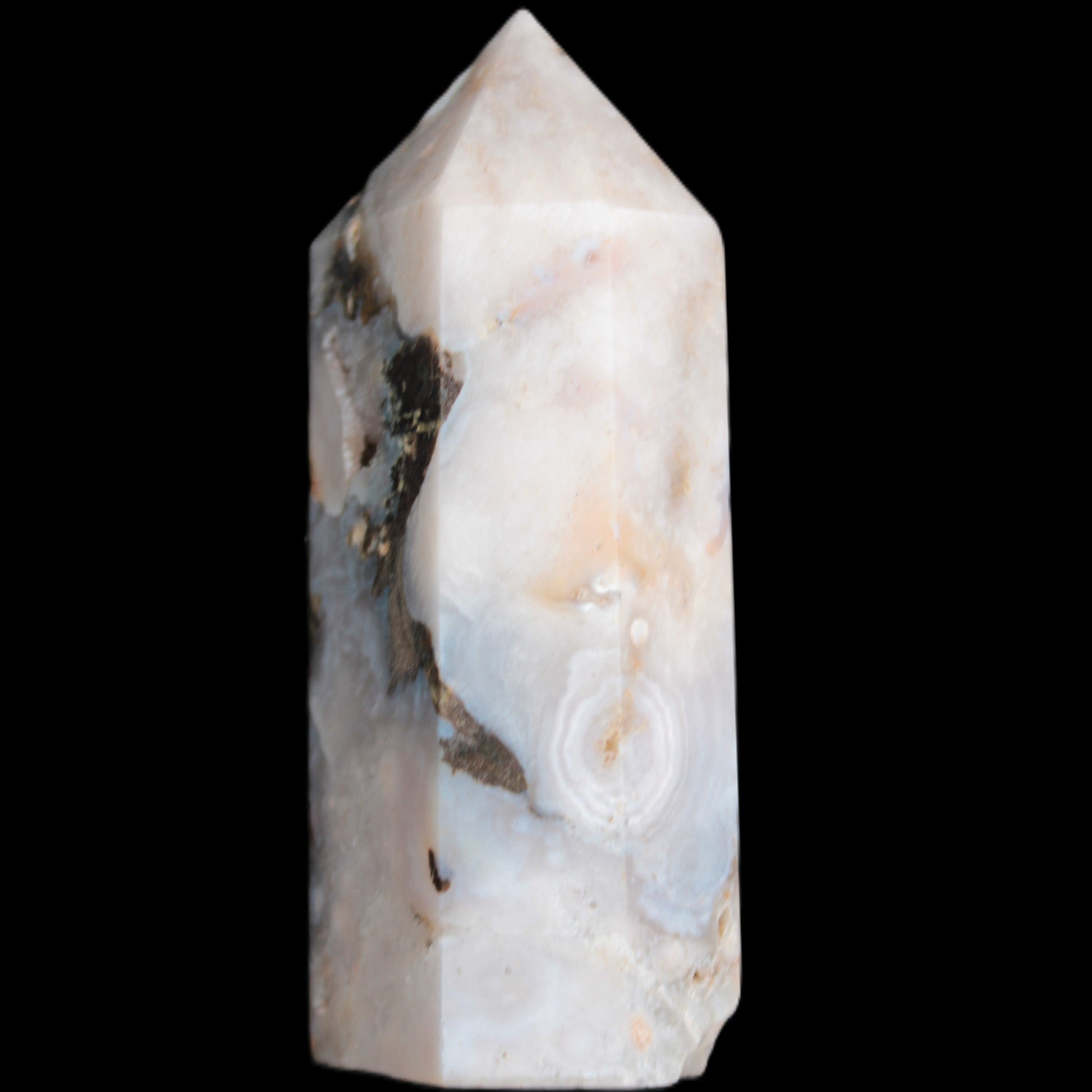 Pink Sakura Agate with geode caves obelisk 40*32*106mm 245g in sunlight - Rocks and Things Store