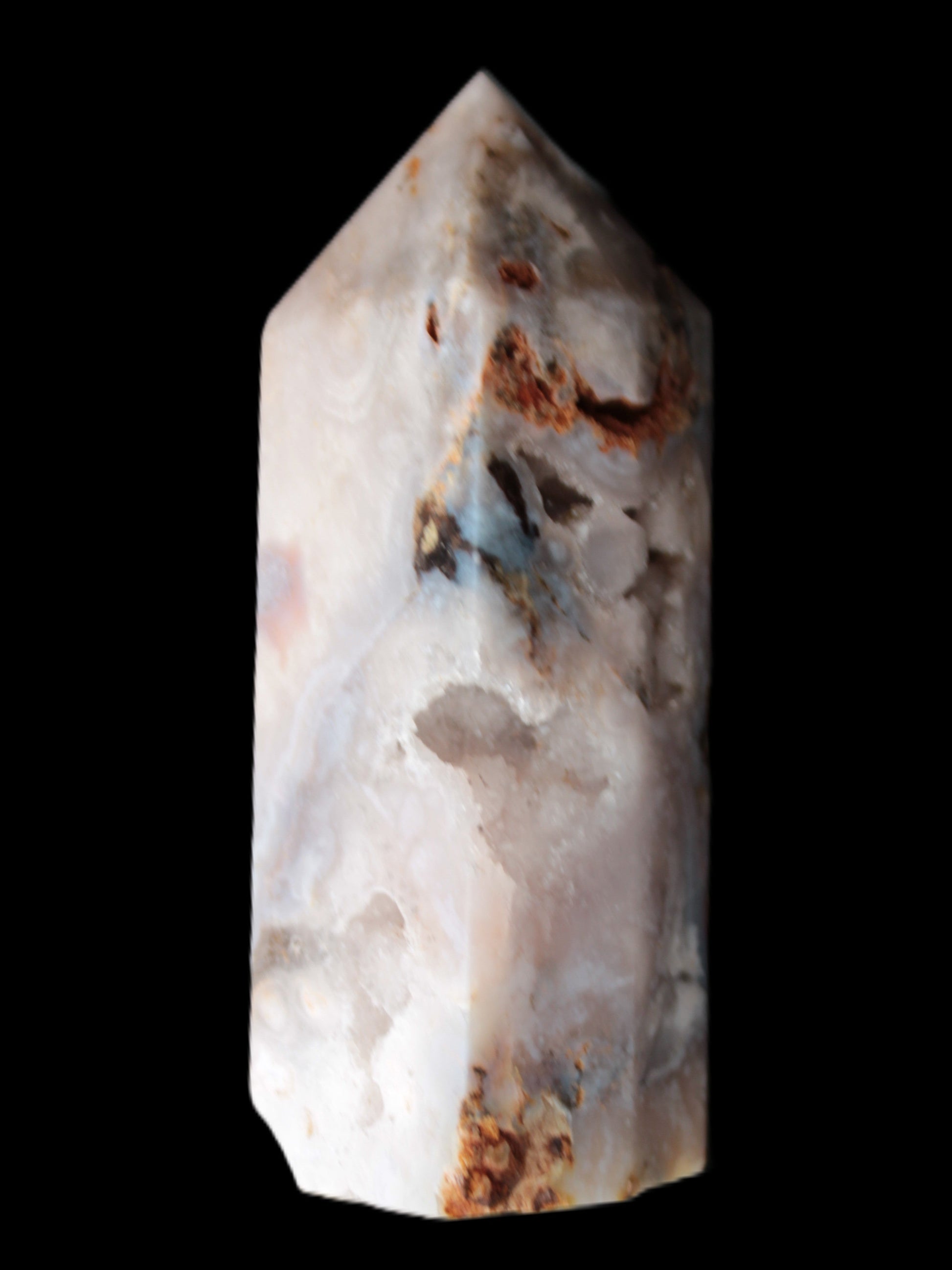 Pink Sakura Agate with geode caves obelisk 40*32*106mm 245g in sunlight - Rocks and Things Store