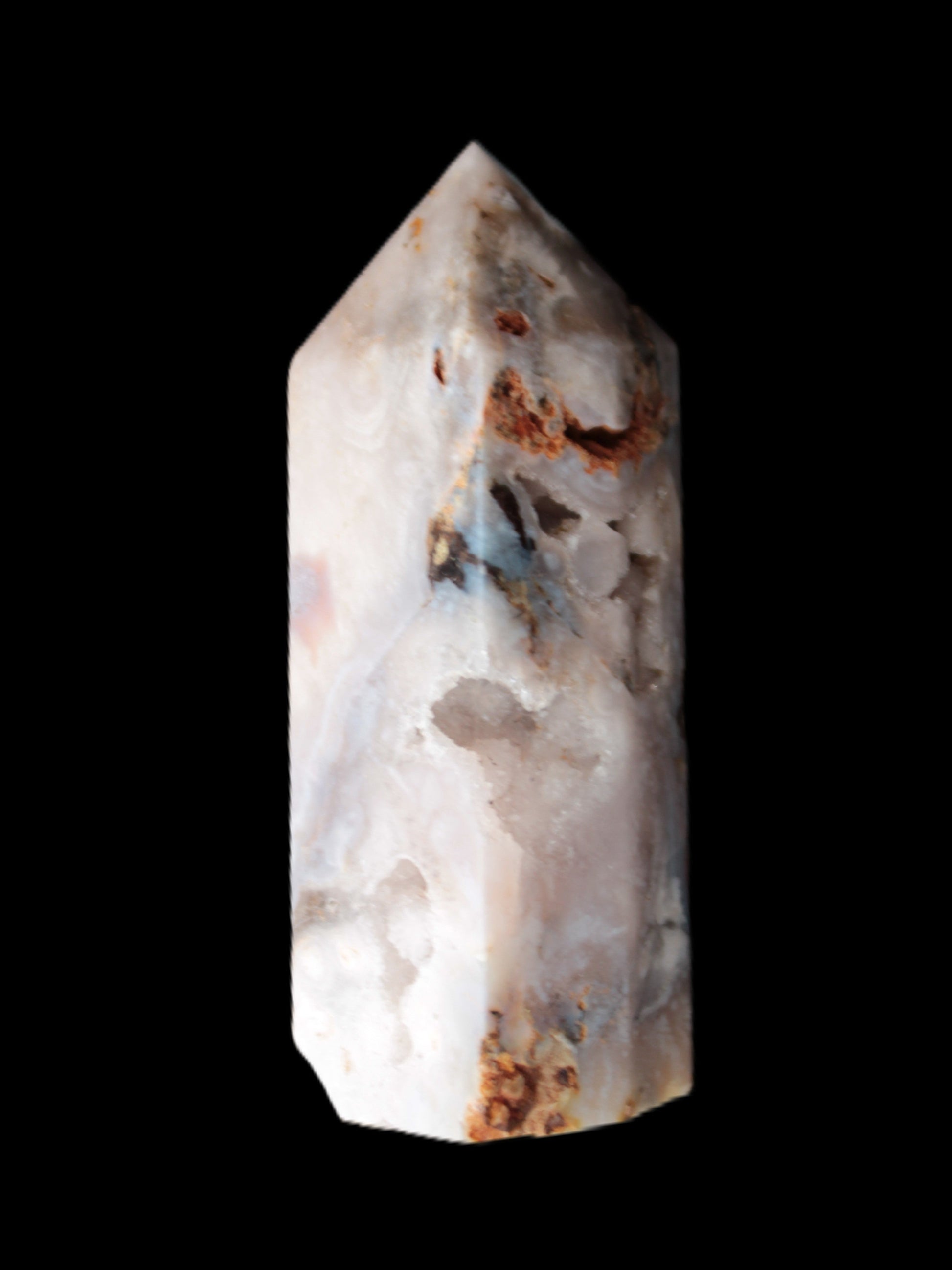 Pink Sakura Agate with geode caves obelisk 40*32*106mm 245g in sunlight - Rocks and Things Store