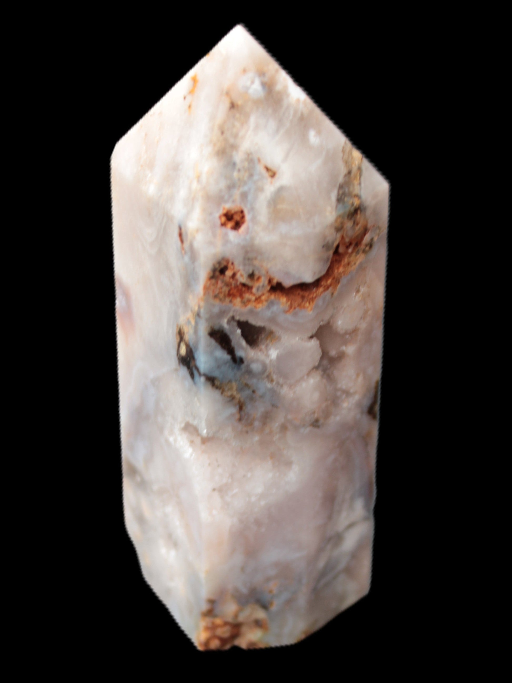 Pink Sakura Agate with geode caves obelisk 40*32*106mm 245g in sunlight - Rocks and Things Store