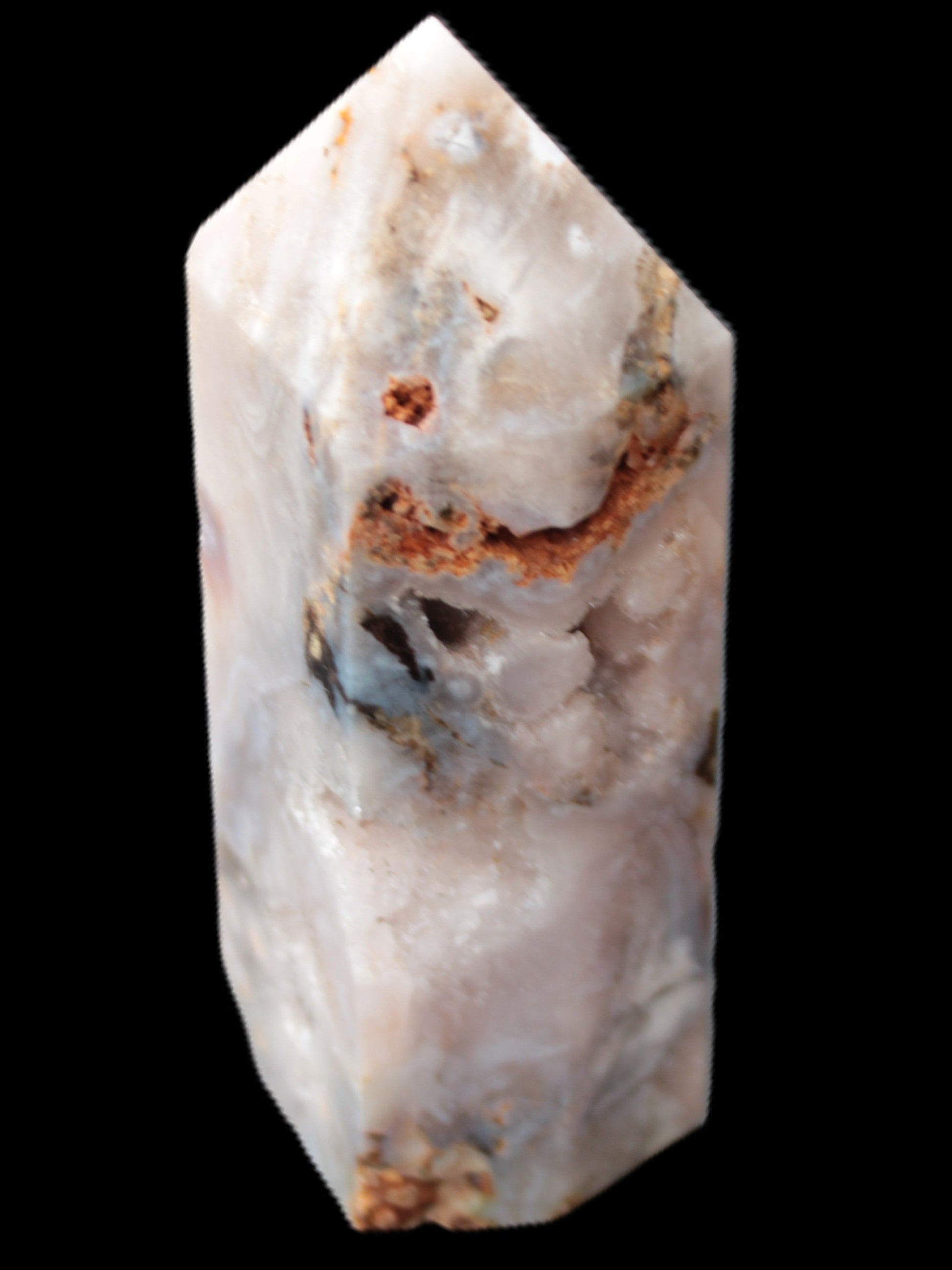 Pink Sakura Agate with geode caves obelisk 40*32*106mm 245g in sunlight - Rocks and Things Store