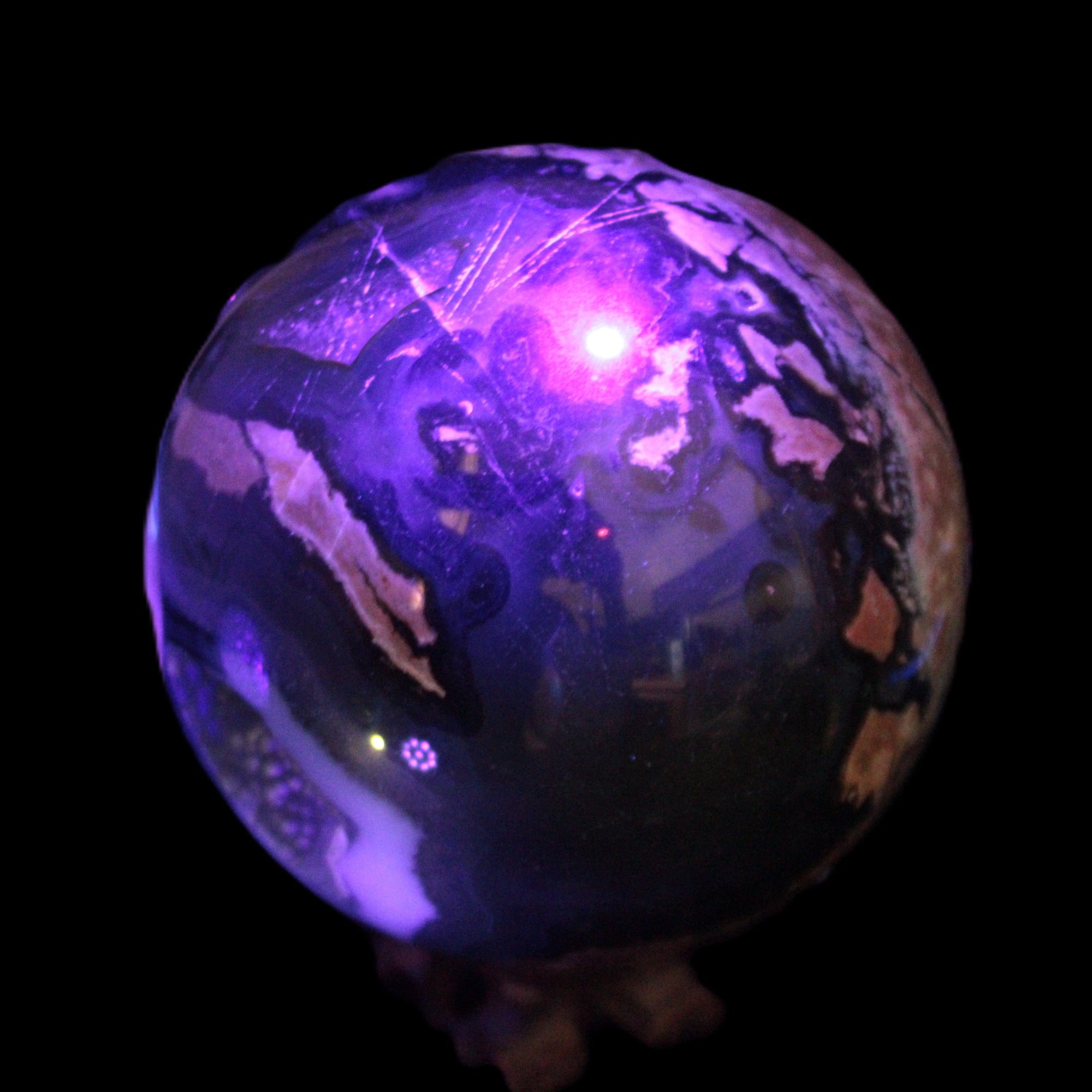 Volcano Agate sphere 119mm 2167g in UV light - Rocks and Things Store