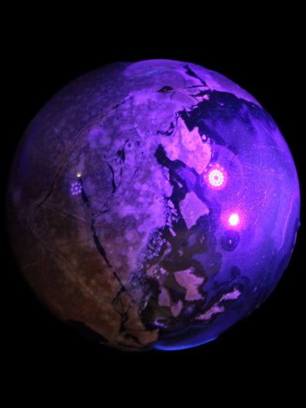Volcano Agate sphere 119mm 2167g in UV light - Rocks and Things Store