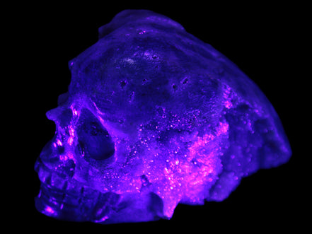 Sphalerite hand-carved skull 69*106*64mm 441g in UV light - Rocks and Things Store