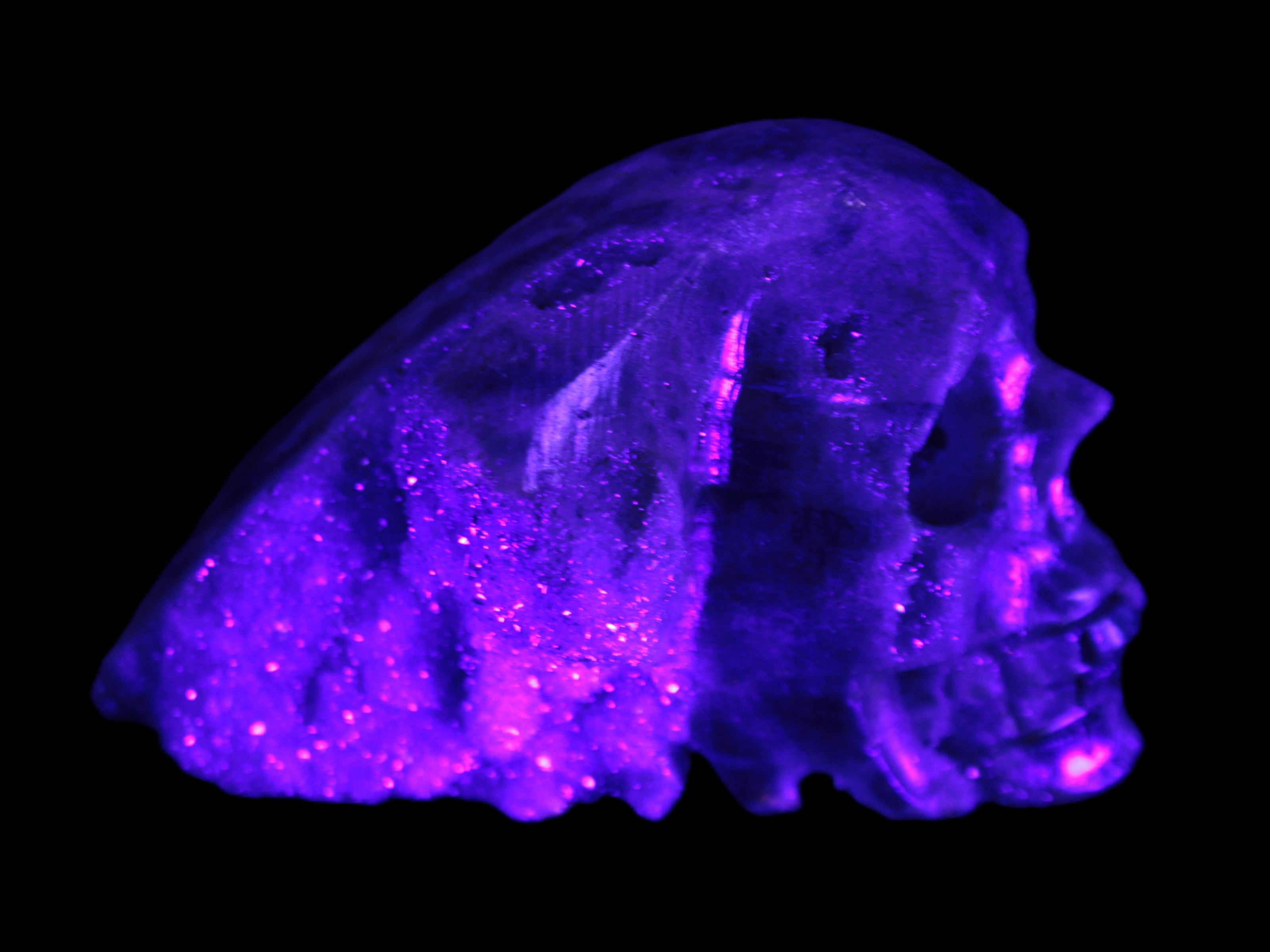 Sphalerite hand-carved skull 69*106*64mm 441g in UV light - Rocks and Things Store