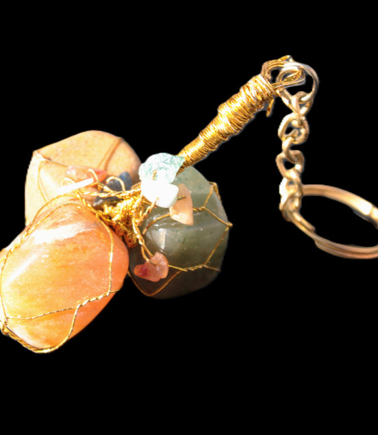 Carnelian Agate, Jasper and Nephrite Jade wire-wrapped keychain 120mm 91g Rocks and Things Store