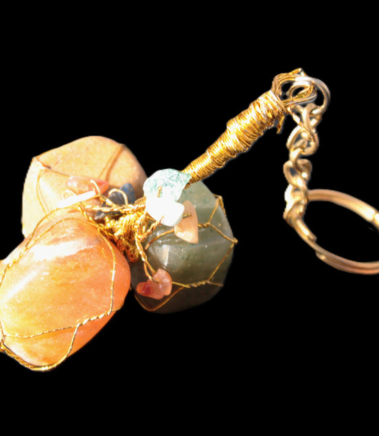 Carnelian Agate, Jasper and Nephrite Jade wire-wrapped keychain 120mm 91g Rocks and Things Store
