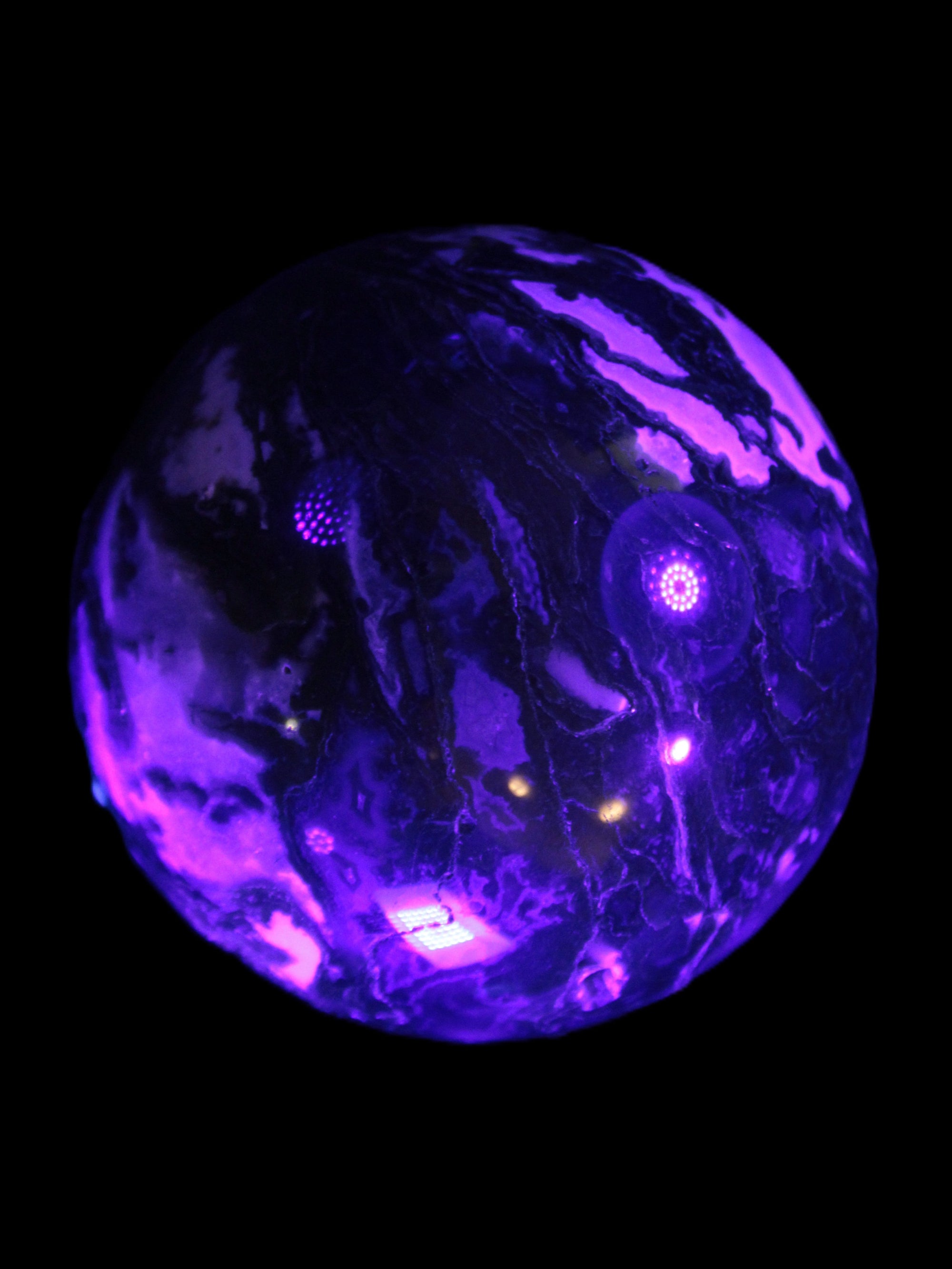 Moss Agate sphere 99mm 1322g in UV light - Rocks and Things Store