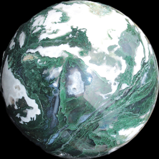 Moss Agate sphere 99mm 1322g in sunlight - Rocks and Things Store