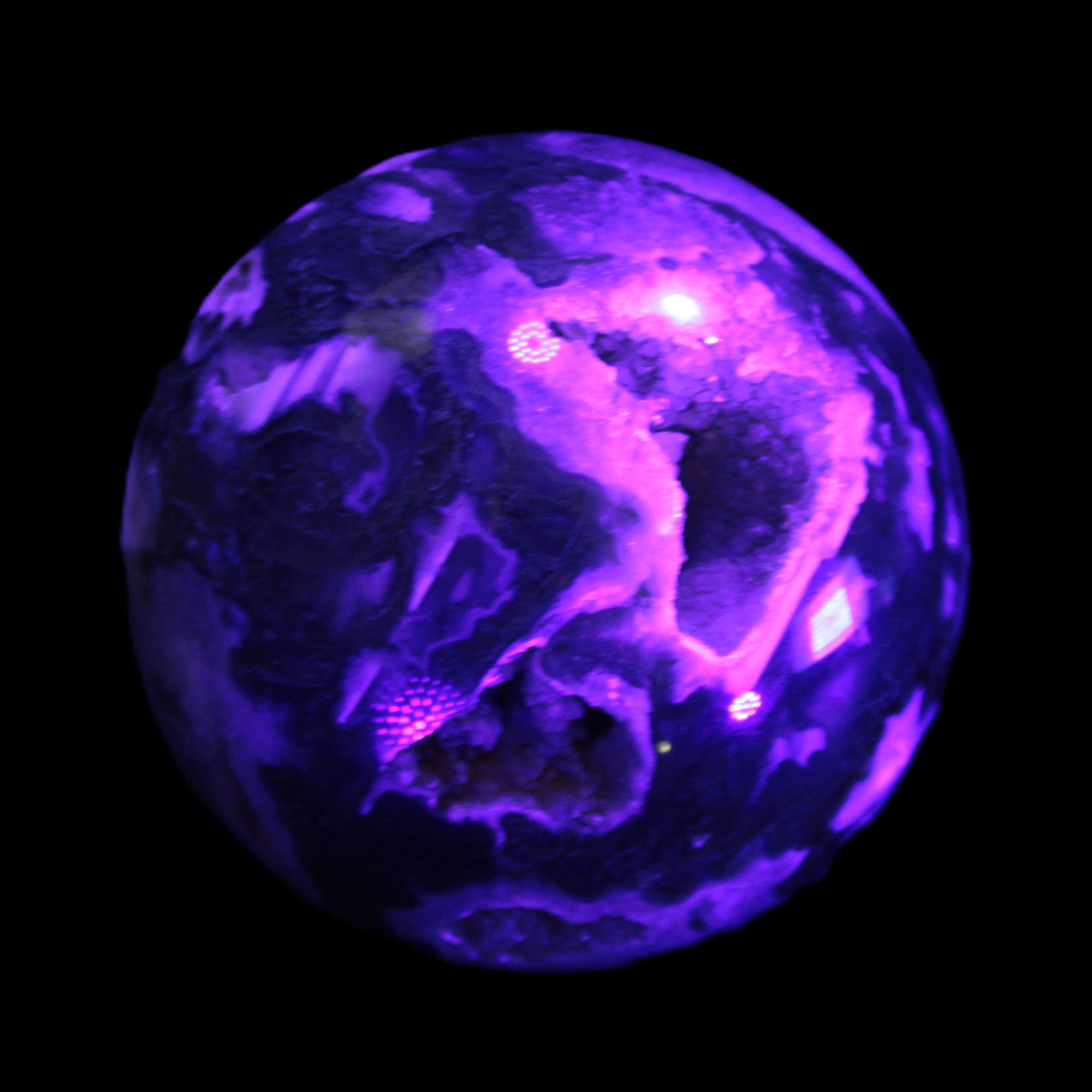 Moss Agate sphere from Madagascar 108mm 1673g in UV light -  Rocks and Things Store