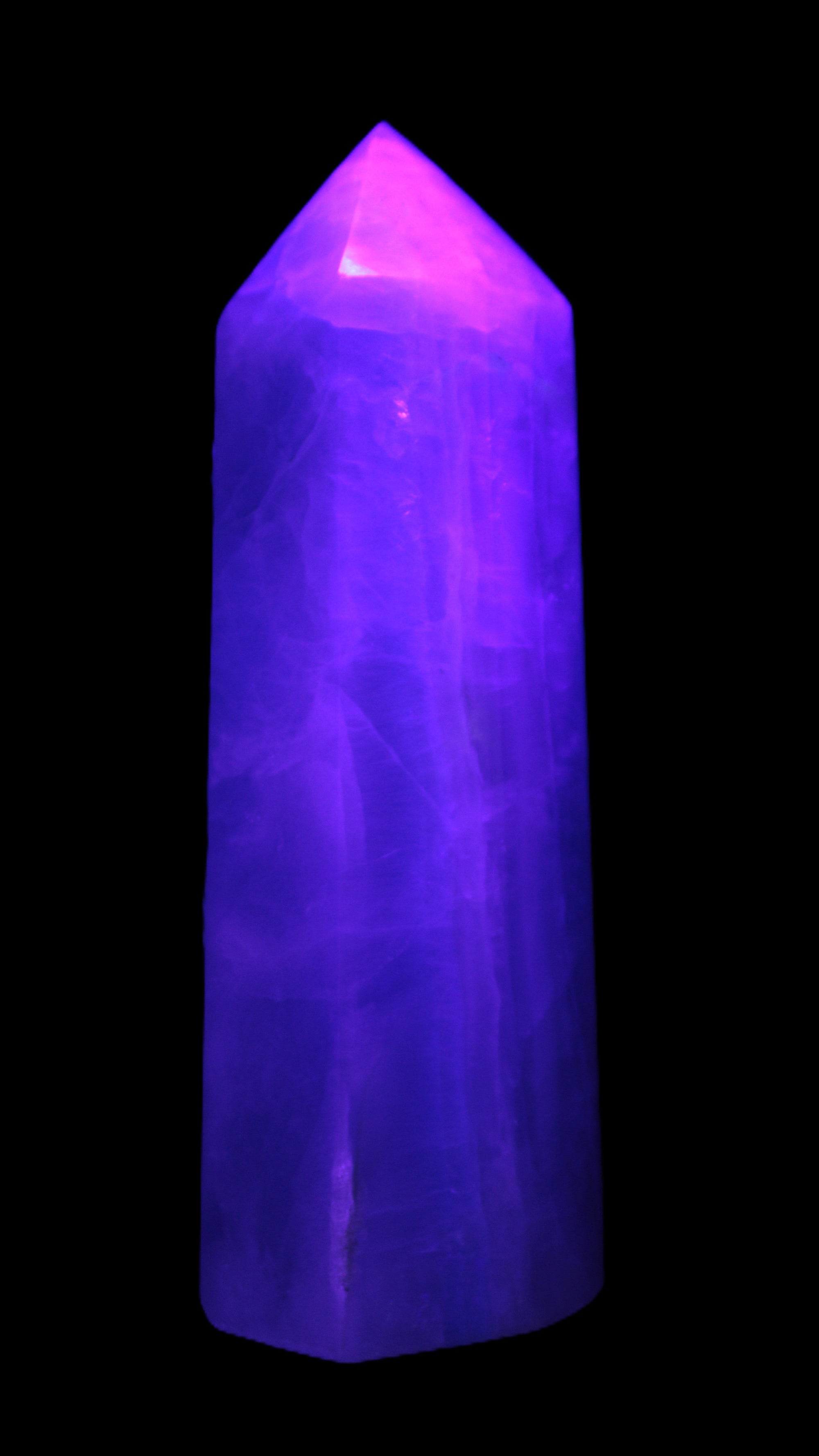Fluorite obelisk 50*50*190mm 1173g in UV light - Rocks and Things Store