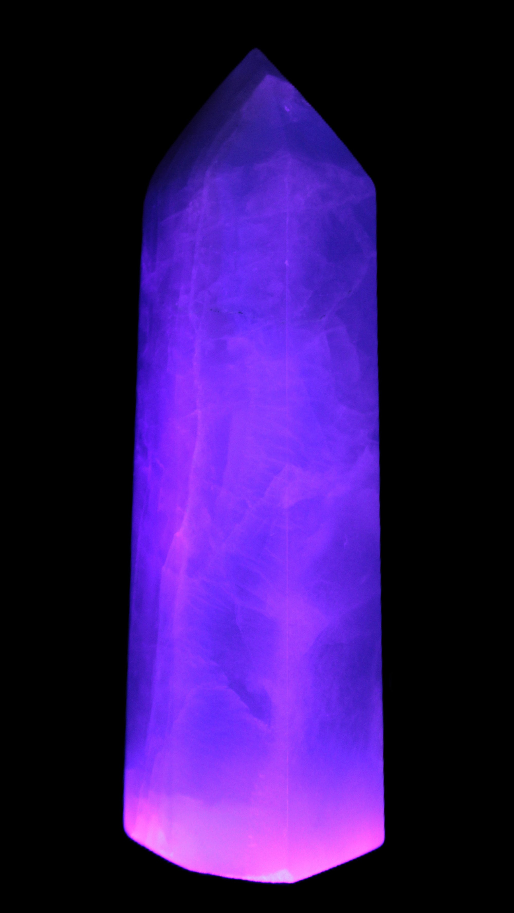 Fluorite obelisk 50*50*190mm 1173g in UV light - Rocks and Things Store