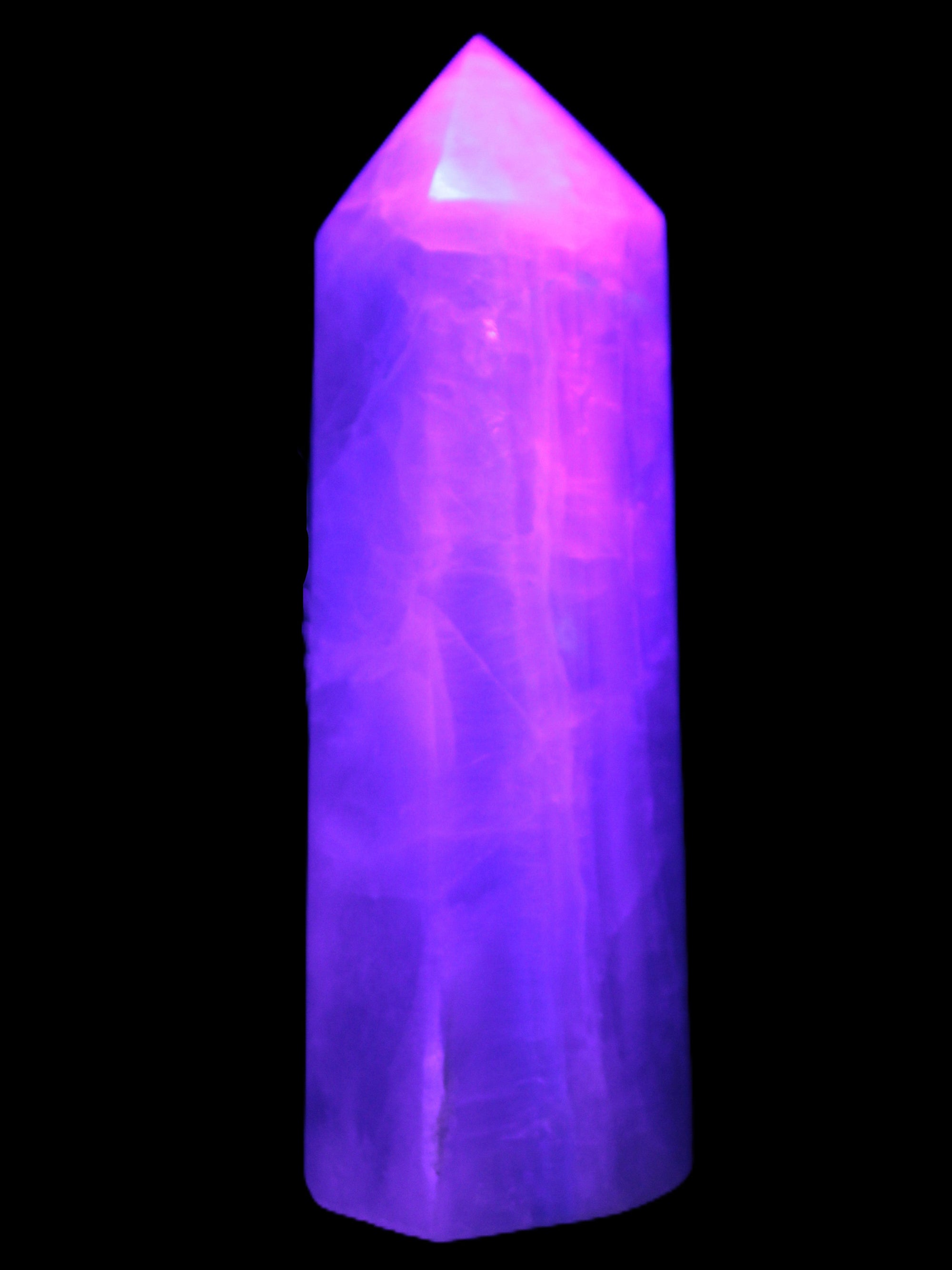 Fluorite obelisk 50*50*190mm 1173g in UV light - Rocks and Things Store