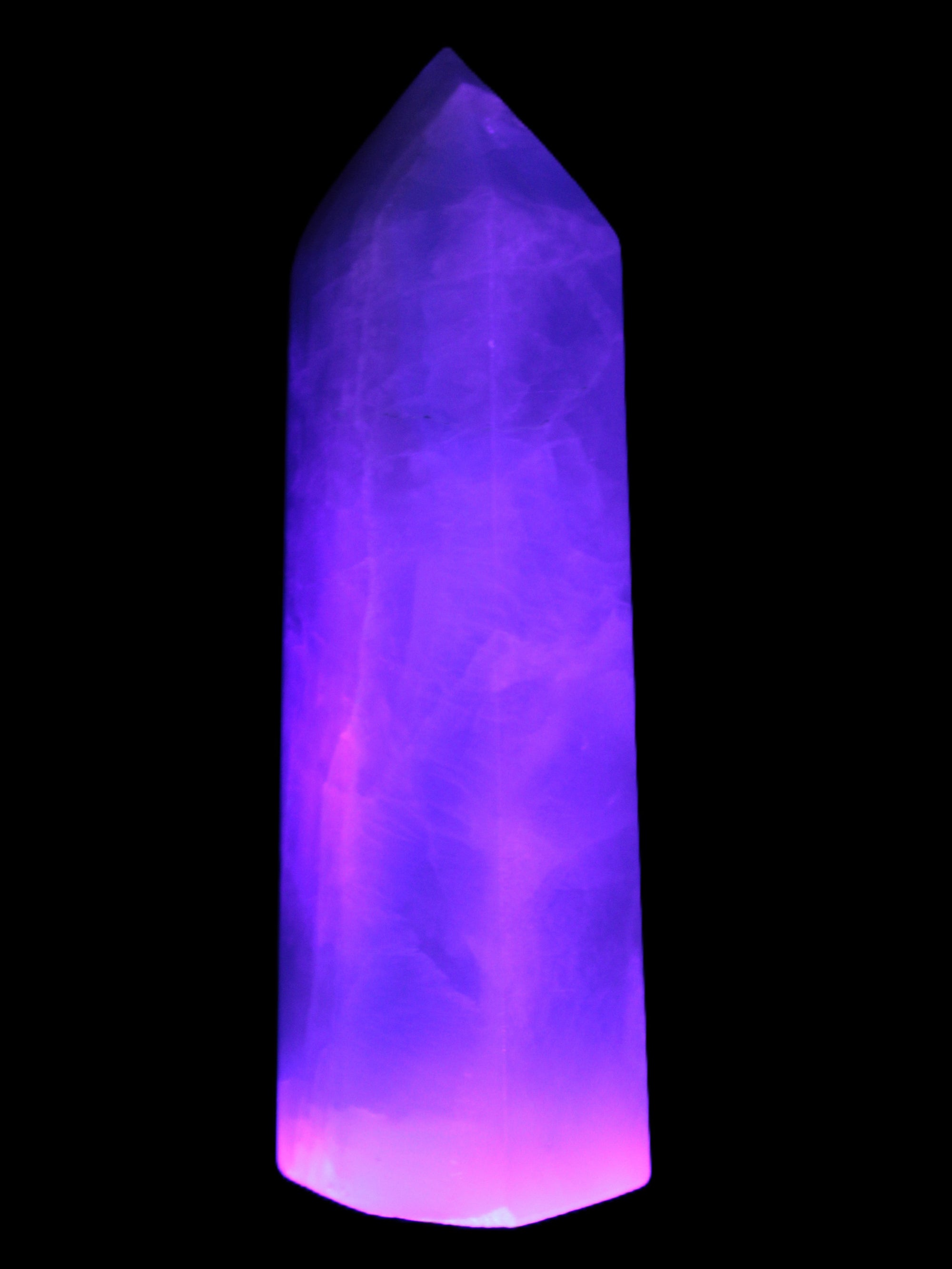 Fluorite obelisk 50*50*190mm 1173g in UV light - Rocks and Things Store